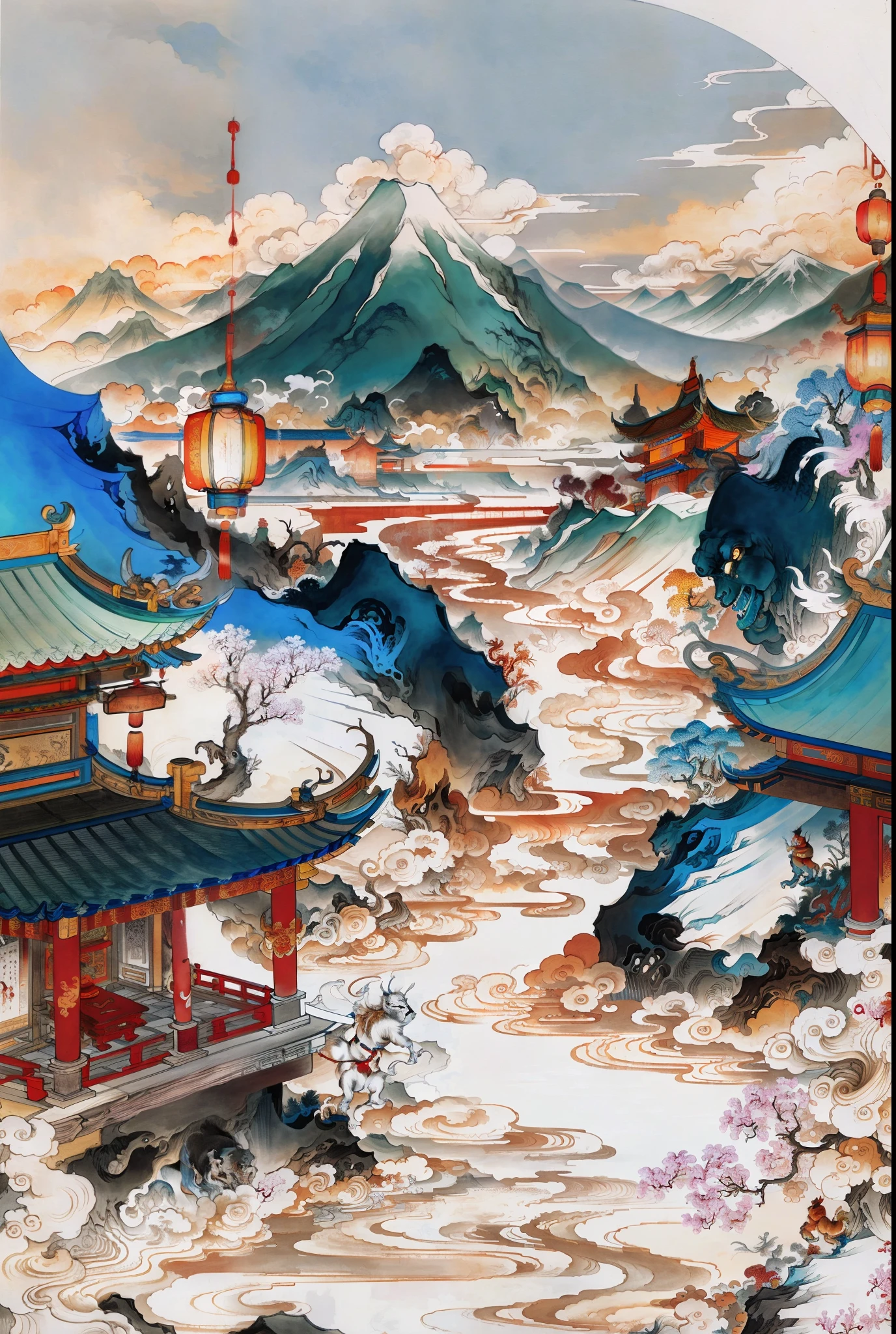 Ancient Chinese landscape, a Monkey King, ancient buildings, pavilions, carved beams and paintings, beautiful mountains and waters, inspired by Jin Yong martial arts, sunshine, ink painting style, clean colors, decisive cutting, white space, freehand, masterpiece, super detailed, epic composition, high quality, highest quality, Pixar style, supersaturated, surreal, artgerm --v 6