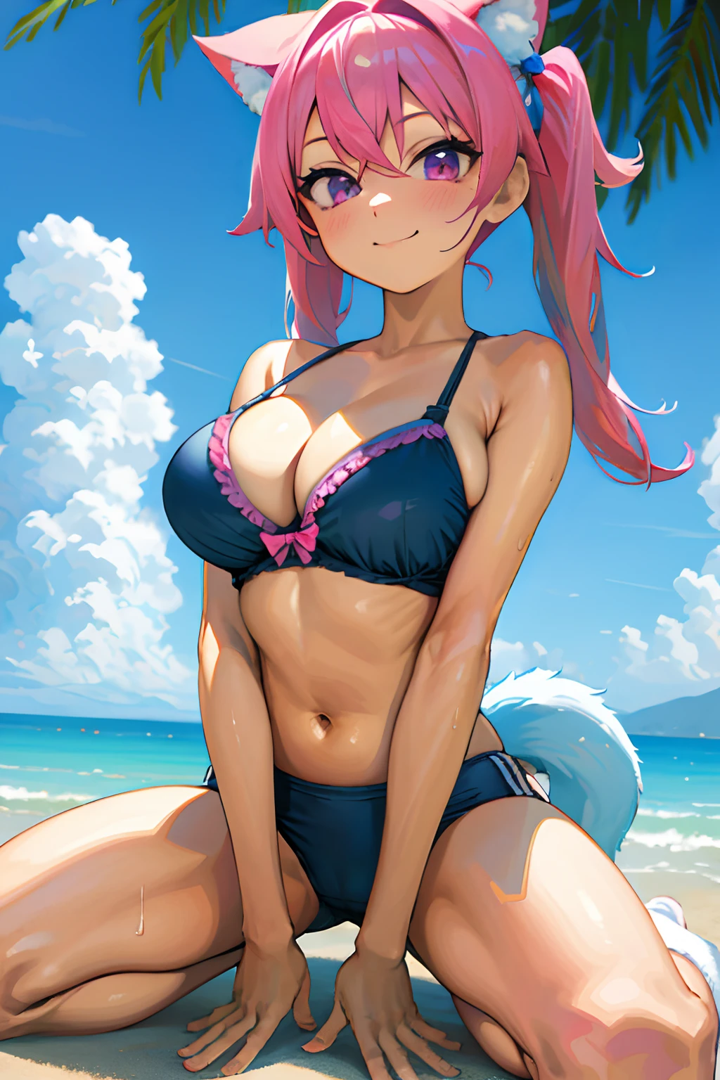 Masterpiece,Best quality,(The background is blurred out),(tchibi:1.2),(Very cute girl:1.5),(Closed mouth) Smile,(Huge breasts),Blue bra,Blue panties,purple eyes BREAK blue sky,(double tails,Pink:1.3) Hair,from below，Spread your legs apart