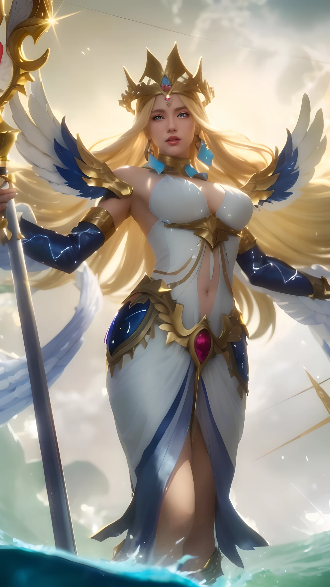 ((Best Quality, 8K, Masterpiece: 1.3)), (Detailed: 1.4), (Large Breasts: 1.3), (Gigantic Breasts: 1.3), Reality, 1girl, a woman in a white dress holding a spear, portrait knights of zodiac girl, angel knight girl, knights of zodiac girl, as a mystical valkyrie, extremely detailed artgerm, mystical atlantean valkyrie, tall female angel, seraphine ahri kda, mystical valkyrie, a woman with blonde hair and gold crown, a woman with Accessories wings in arm, Nice Thigh, thicc, 8K, HD, Ultra Realistic, extremely detailed, tfft, perfect eyes, beauty eyes, red lips