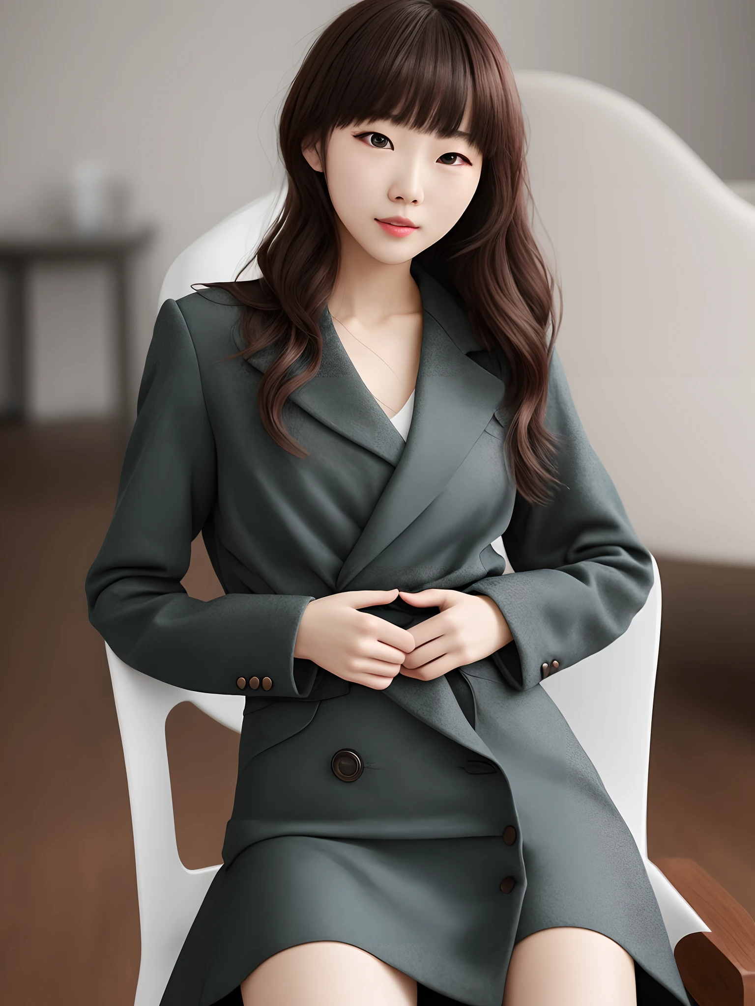Woman Sitting On Chair,It has large chestnut-brown waves,Curly and supple,Most of it is draped over the shoulders。
Part of the slanted bangs scattered to cover the eyes,With a light stroke, it turns into M-shaped bangs。
Scattered hair,I can see the seriousness of the woman,But charming melon seed face。
Bright eyes blinked,People can't help but have a desire to conquer it。
That slim professional outfit,Perfectly accentuating the curves of her figure,The curve from shoulders to hips,All in a perfectly streamlined shape,That ultimate waist-hip ratio,It's not something that a little girl can match。
Even with a coat,And as she thinks, her hands are raised,That exaggerated silhouette that can't be hidden,The slender white thighs under the hip-wrapping skirt are crossed and stacked,The squeezing flesh is even more addictive。