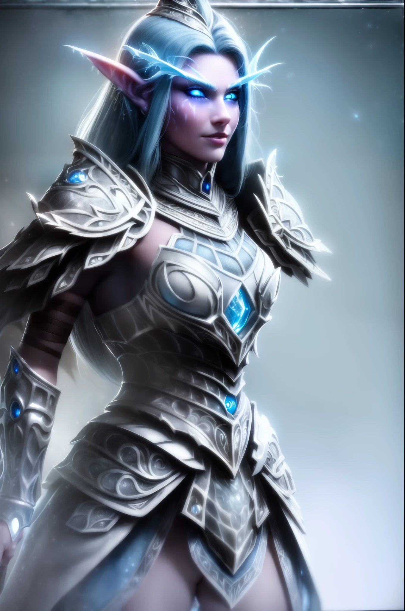 masterpiece, hyper detailed, intricate detail, ultra realistic 8k cg, hyperrealistic, high-resolution, extremely detailed CG unity 8k wallpaper, 1 elvaan,solo,(full body), (((looking at viewer))),dynamic pose, ((long flowing hair)), (((silver hair))),beautiful face,((((glowing icy blue eyes)))),long eyelashes, pointy ears,perfect female body,narrow waist,medium breasts,seductive smile,parted lips,((fine metal trim)),(((elegant dark armour))),Suture, (((detailed fantasy background))),outdoors, volumetric lighting, photorealistic, cinematic lighting, cold colors, realism, Surrealism, high detail, Hyperrealism, Verism, soft lighting, anatomically correct, best quality, icy blue particles,
