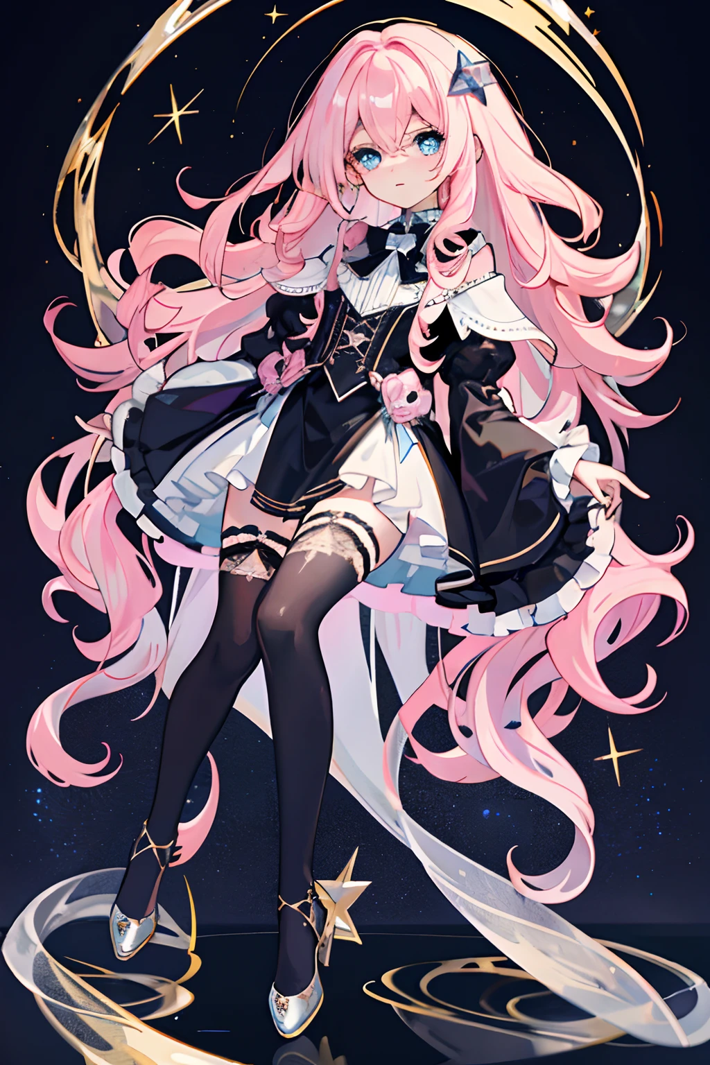 Masterpiece, rich in details, delicate, cute, light pink hair, light blue eyes, curly hair, stars, pentagram, glitter, full body like black silk student outfit