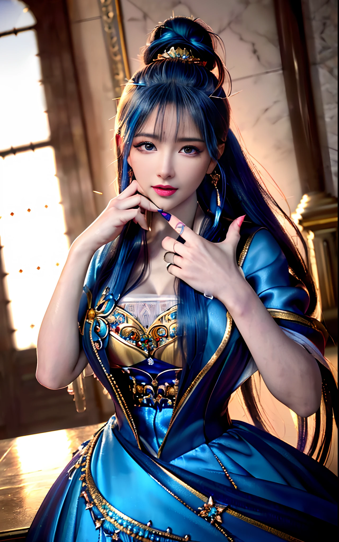 ((realisticity: 1.2)), ((realistic: 8K UHD)), ((best resolution: 8K UHD)), hyper detailed, best quality,masterpiece,highres,cg, ((1 girl hyper detailed and hyper realistic) ) , ((beautiful queen, hyper realistic and hyper detailed)),((white skin, beautiful, smooth, youthful, hyper realistic and hyper detailed )), ((Face hyper beautiful, white, hyper realistic and hyper detailed ) ), long hair, ((hyper realistic and hyper detailed dress)), solo, ((hyper realistic, hyper beautiful, beautiful and hyper detailed jewelry)), ((hyper beautiful deep red and golden yellow dress, hyper realistic and hyper detailed )) , ((Her pretty, hyper realistic, hyper detailed diamond filled earrings)), ((Her gorgeous diamond haircut, hyper realistic and hyper detailed)), ((hyper pretty upper body, hyper beautiful, hyper realistic and hyper detailed) ), ((medium breast: 1.1)), ((hyper realistic, hyper pretty, hyper detailed boobs)), ((the backgroun of the royal palace is hyper majestic, hyper realistic and hyper detailed)),((hands and palms hyper beautiful, hyper detailed, hyper realistic)), ((hyper detailed and hyper realistic fingers and fingernails)), ((hyper pretty fingernails, hyper vivid, hyper detailed, hyper realistic)), ((thumb, index finger, middle finger, ring finger, little finger hyper vivid, hyper pretty, hyper detailed, hyper realistic)),
((hyper beautiful fingers, hyper detailed, and hyper realistic)), ((posture not too fat and not too thin, hyper realistic, hyper detail)), ((hyper pretty, hyper pretty, hyper realistic and hyper detailed hair bun)), ((hyper pretty , hyper realistic and hyper detailed blue hair)), candid, Photo, high resolution, 8k , bokeh,