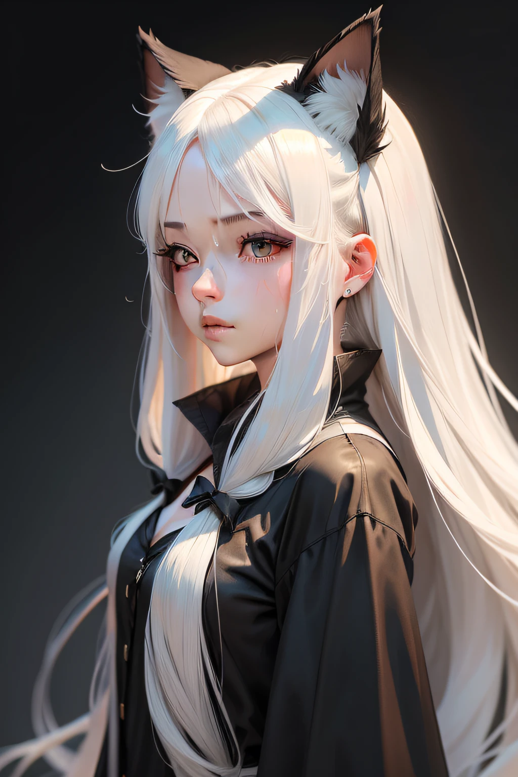 female thin white long hair character girl sweating wearing black silk cat ears happy