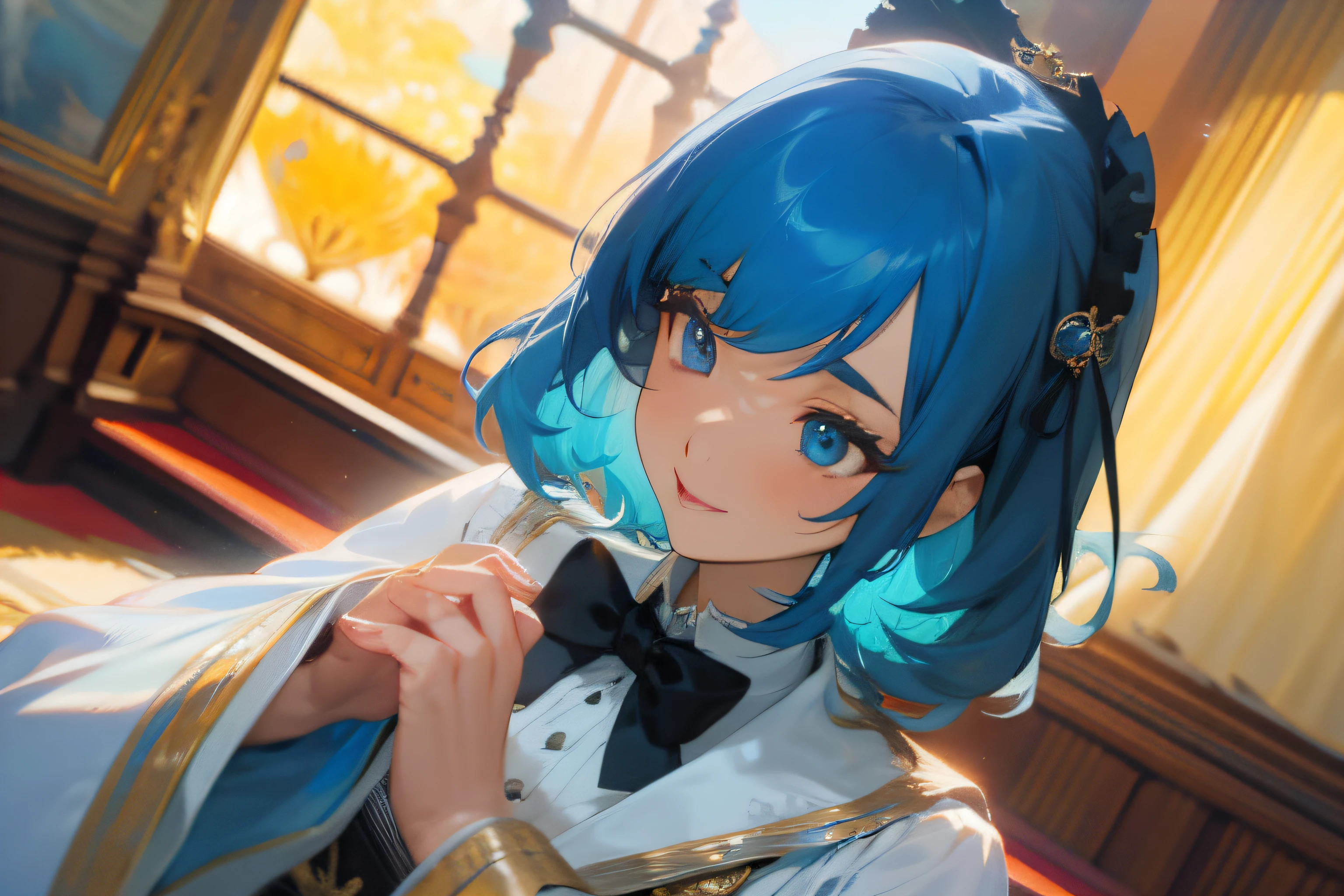 tmasterpiece,delicated,illustratio,Beautiful Meticulous Girl,beautiful and detailed aura,rays of moonlight:1.2,detailed lighting,beautiful and detailed eye:1.1,expressioness,palaces,sky-bluehair,stray hair,with long bangs,eyebrows very,whitegreydress:1.1,black ribbon,white bowties,Bleak,florals,longer sleeves