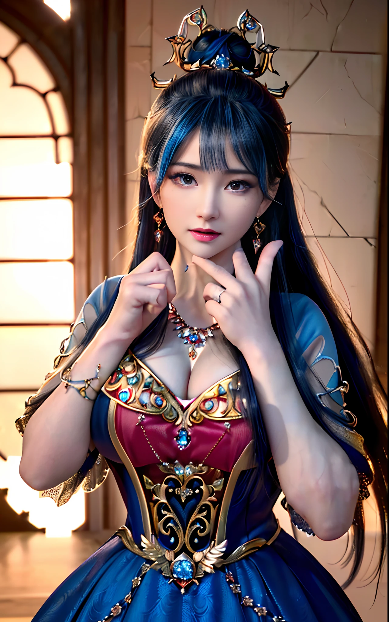 ((realisticity: 1.2)), ((realistic: 8K UHD)), ((best resolution: 8K UHD)), hyper detailed, best quality,masterpiece,highres,cg, ((1 girl hyper detailed and hyper realistic) ) , ((beautiful queen, hyper realistic and hyper detailed)),((white skin, beautiful, smooth, youthful, hyper realistic and hyper detailed )), ((Face hyper beautiful, white, hyper realistic and hyper detailed ) ), long hair, ((hyper realistic and hyper detailed dress)), solo, ((hyper realistic, hyper beautiful, beautiful and hyper detailed jewelry)), ((hyper beautiful deep red and golden yellow dress, hyper realistic and hyper detailed )) , ((Her pretty, hyper realistic, hyper detailed diamond filled earrings)), ((Her gorgeous diamond haircut, hyper realistic and hyper detailed)), ((hyper pretty upper body, hyper beautiful, hyper realistic and hyper detailed) ), ((medium breast: 1.1)), ((hyper realistic, hyper pretty, hyper detailed boobs)), ((the backgroun of the royal palace is hyper majestic, hyper realistic and hyper detailed)),((hands and palms hyper beautiful, hyper detailed, hyper realistic)), ((hyper detailed and hyper realistic fingers and fingernails)), ((hyper pretty fingernails, hyper vivid, hyper detailed, hyper realistic)), ((thumb, index finger, middle finger, ring finger, little finger hyper vivid, hyper pretty, hyper detailed, hyper realistic)),
((hyper beautiful fingers, hyper detailed, and hyper realistic)), ((posture not too fat and not too thin, hyper realistic, hyper detail)), ((hyper pretty, hyper pretty, hyper realistic and hyper detailed hair bun)), ((hyper pretty , hyper realistic and hyper detailed blue hair)), candid, Photo, high resolution, 8k , bokeh,