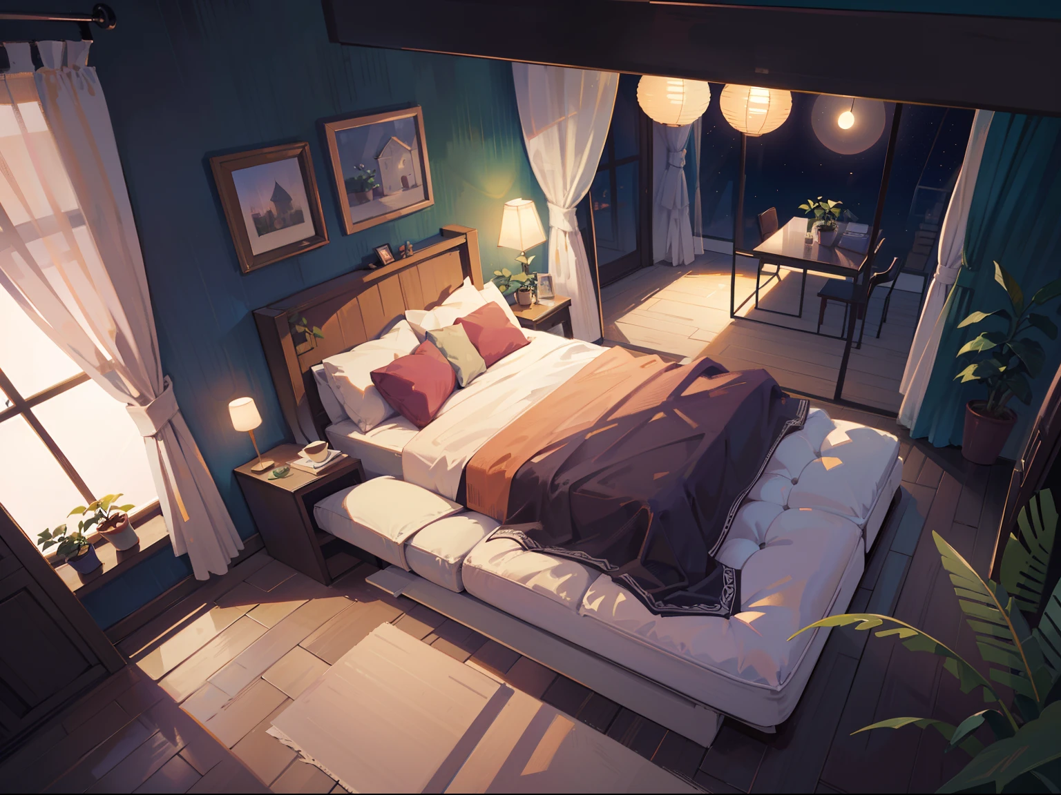 (masterpiece), best quality, ultra high res, sharp focus, (no human:1.5), medium long shot, MLS, low angle, (from above), detailed structure, detailed architecture, (warm pastel color), studio bedroom, plants, flower, open window, curtains, (at the night time:1.2)