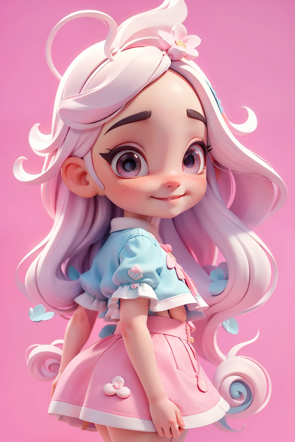 Avatar loli bruxinha multicolor, tons claros, sorriso meigo e delicado,  vestida com uma roupa detalhada, corpo inteiro,pele clara e olhos delicados e definidos,cartoon 3D com blusa delicada,, casaco peludinha, cabelos multicolor, fundo simples e branco