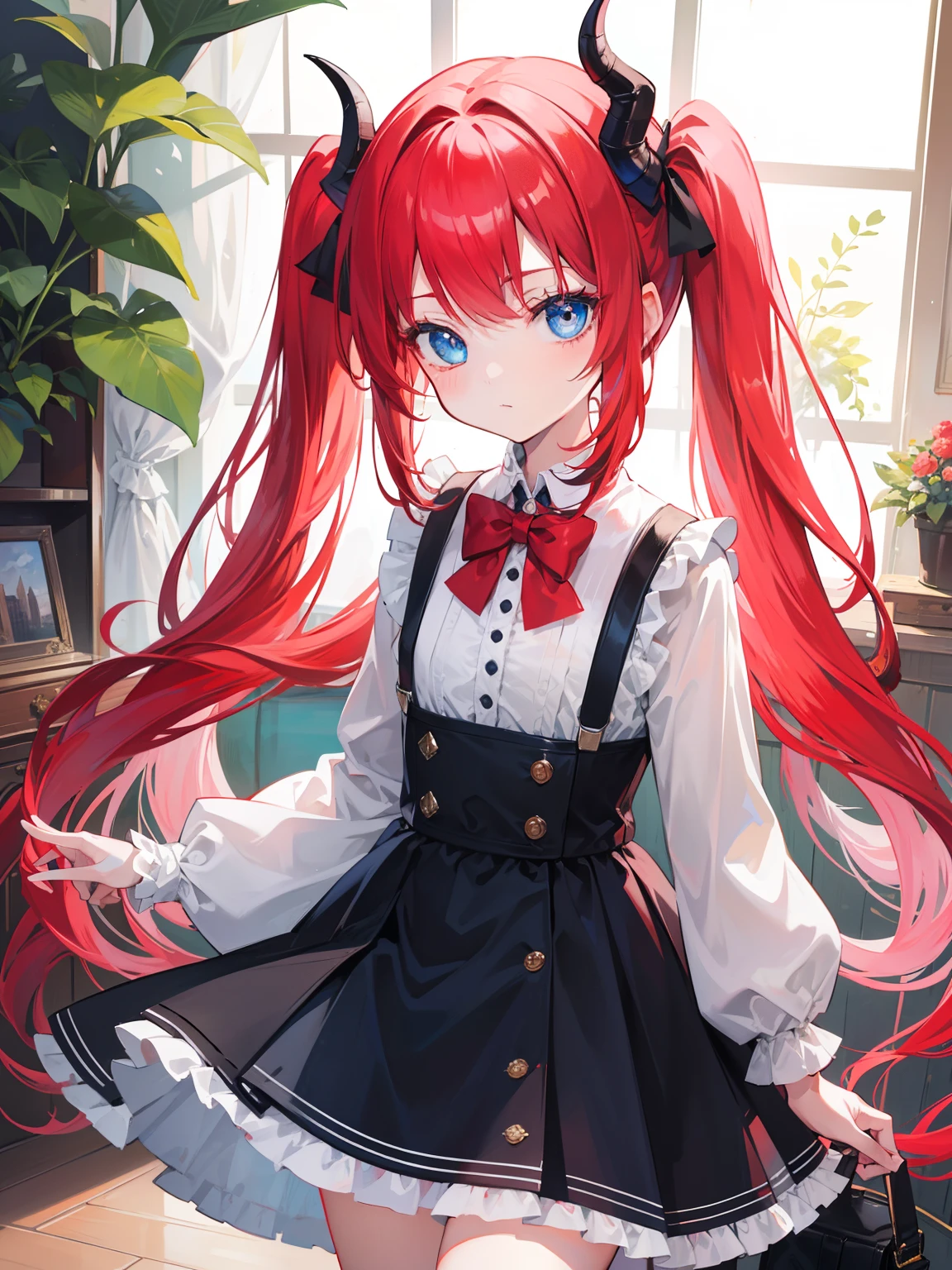 {{best quality}}, {{masterpiece}}, {{ultra-detailed}}, {illustration}, {detailed light}, red hair,blue eyes,twintails,lolita,Suspenders skirt,Fantastic,loli,solo,Dragon horns,little girl,long hair