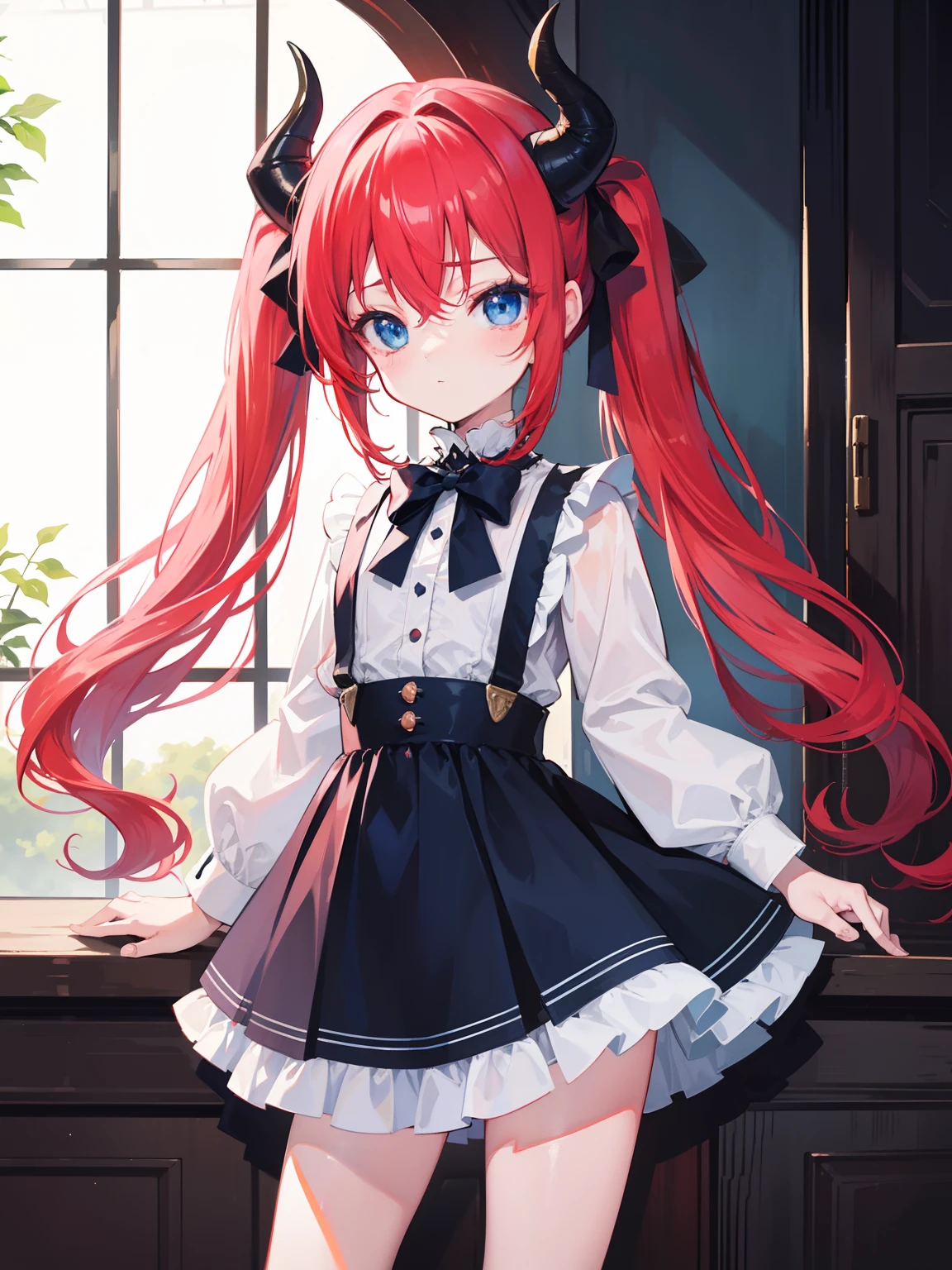 {{best quality}}, {{masterpiece}}, {{ultra-detailed}}, {illustration}, {detailed light}, red hair,blue eyes,twintails,lolita,Suspenders skirt,Fantastic,loli,solo,Dragon horns,little girl,long hair