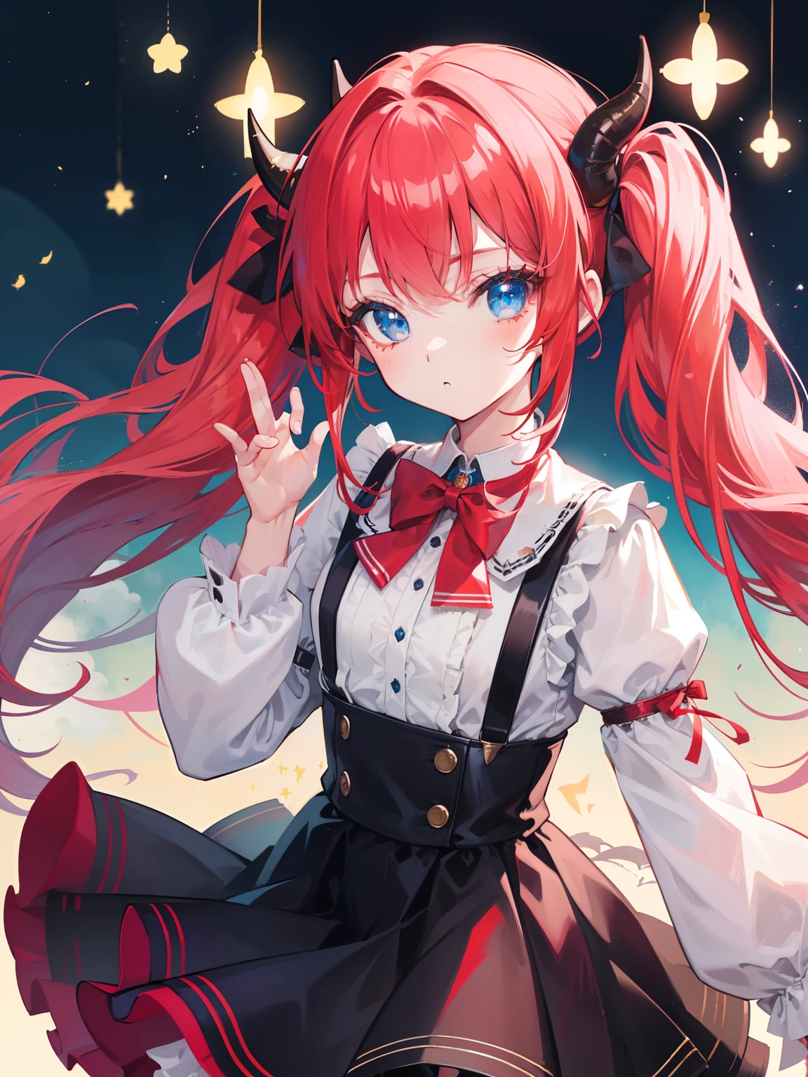 {{best quality}}, {{masterpiece}}, {{ultra-detailed}}, {illustration}, {detailed light}, red hair,blue eyes,twintails,ta,Suspenders skirt,Fantastic,lolio,Dragon horns,little gir