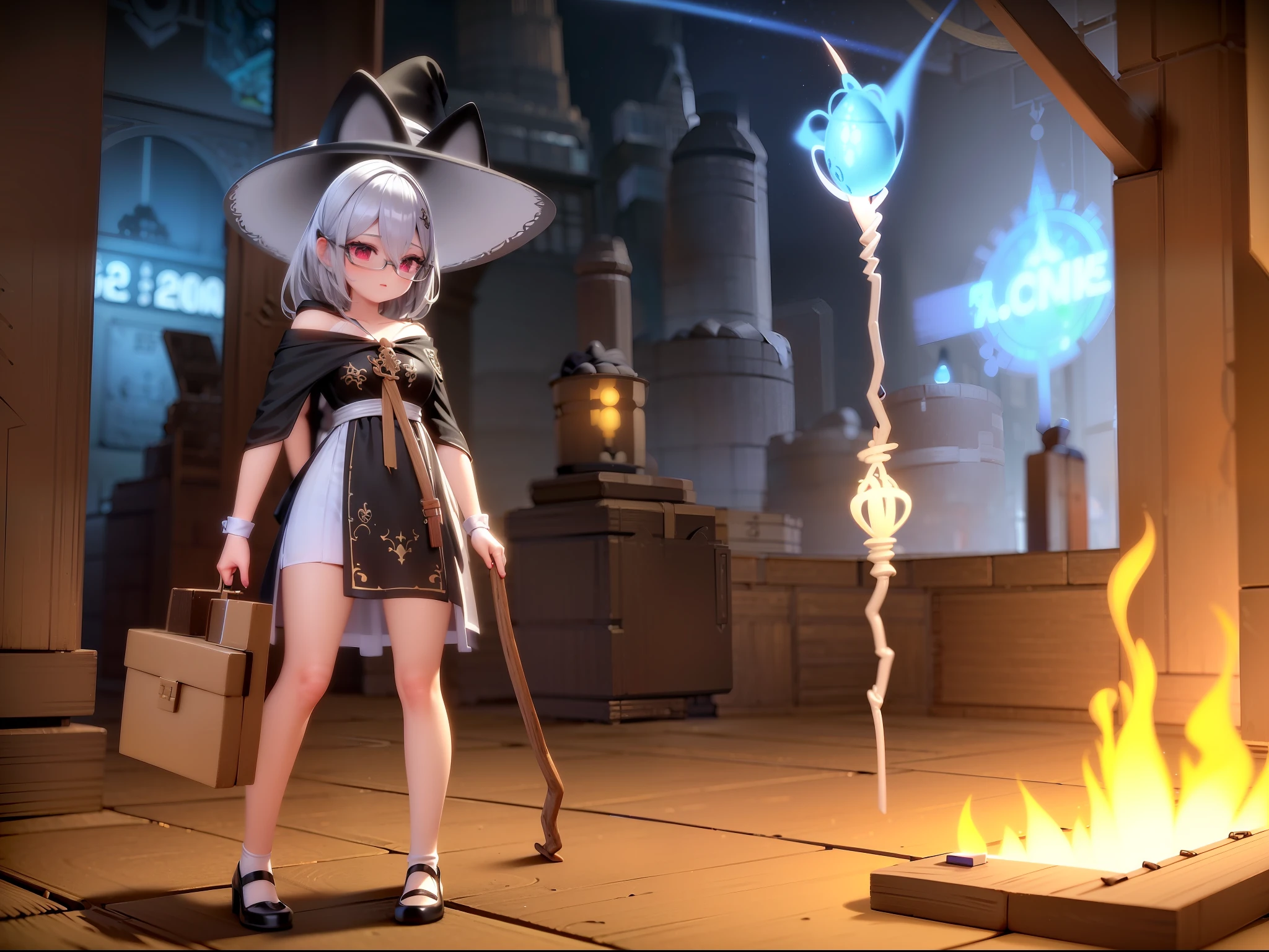 ((best quality)), ((masterpiece)), ((ultra-detailed)), (illustration), (detailed light), (an extremely delicate and beautiful), Dramatic perspective,holding a magic staff,a enchanting young girl,street,Sorceress,(lucife-switch),cute face,(sexy figure),gray long hair,red eyes,glasses,long legs,glowing bright skin,black Magic robe,black bigger witch hat,((fire magic)),brooch,The magic book is carried behind the back,wand