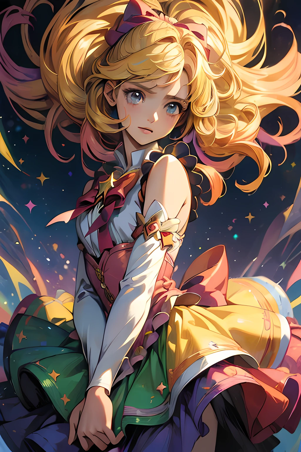 (Masterpiece:1.4), (Best quality:1.2), star guardian seraphine, Blonde hair, multicolored hair, multicolored clothing, dress, Hair Bow, Detached sleeves, magical little girl, Upper body, potrait，Realistic and realistic，Anime rendering，hyper realistic anime，hyper HD，A high resolution