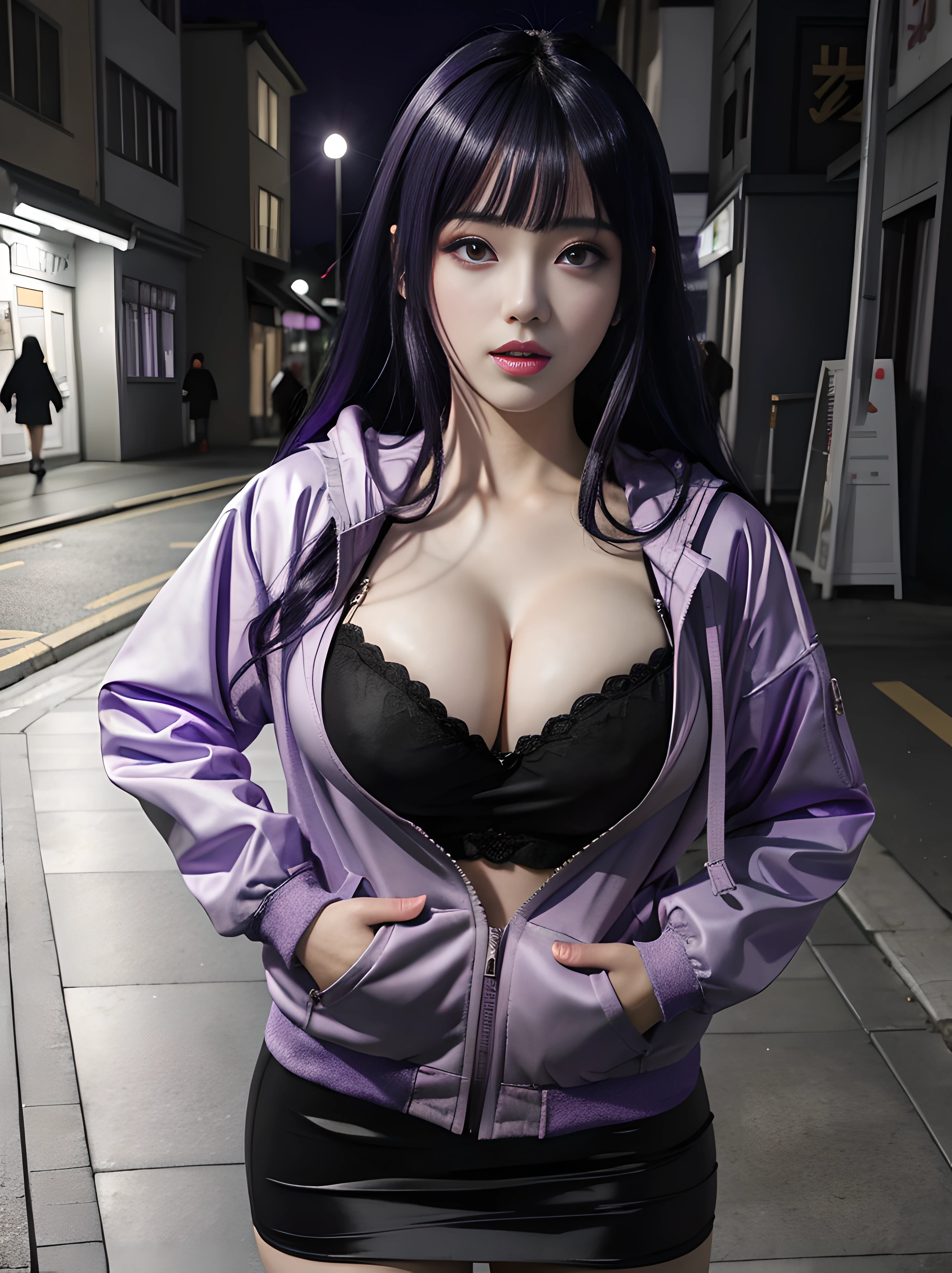 anime girl in purple jacket posing on sidewalk in urban setting, hinata hyuga, hinata hyuga from naruto, seductive anime girl, black haired girl wearing hoodie, realistic anime artstyle, attractive anime girl, realistic anime 3 d style, realistic anime art style,((big tits)) anime woman, female anime character, digital anime art, beautiful anime woman, digital anime illustration