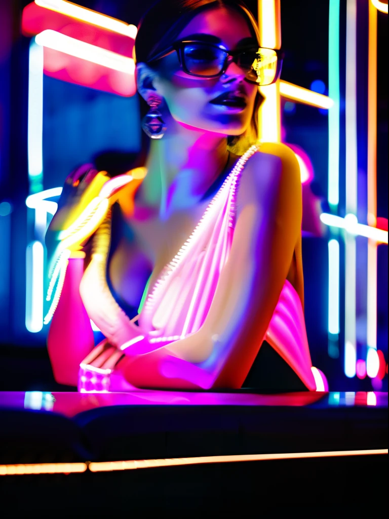 A portrait of an American beauty dressed in an elegant gown, illuminated by the vibrant neon lights of a stylish bar. The woman exudes sophistication and grace, her poise capturing the essence of Parisian charm. Her dress drapes beautifully, adorned with intricate lace and delicate embellishments. The neon lights cast a colorful glow on her face, accentuating her features and adding a contemporary flair to the scene. The bar's atmosphere is buzzing with energy, with the soft murmur of conversations and clinking glasses in the background. The composition of this photo is carefully crafted, capturing the woman's allure and the ambiance of the bar in perfect harmony. Photographed by Paolo Roversi, using a Leica SL2 with a 50mm lens, the lighting combines the neon lights of the bar with subtle fill light, creating a captivating and glamorous image.