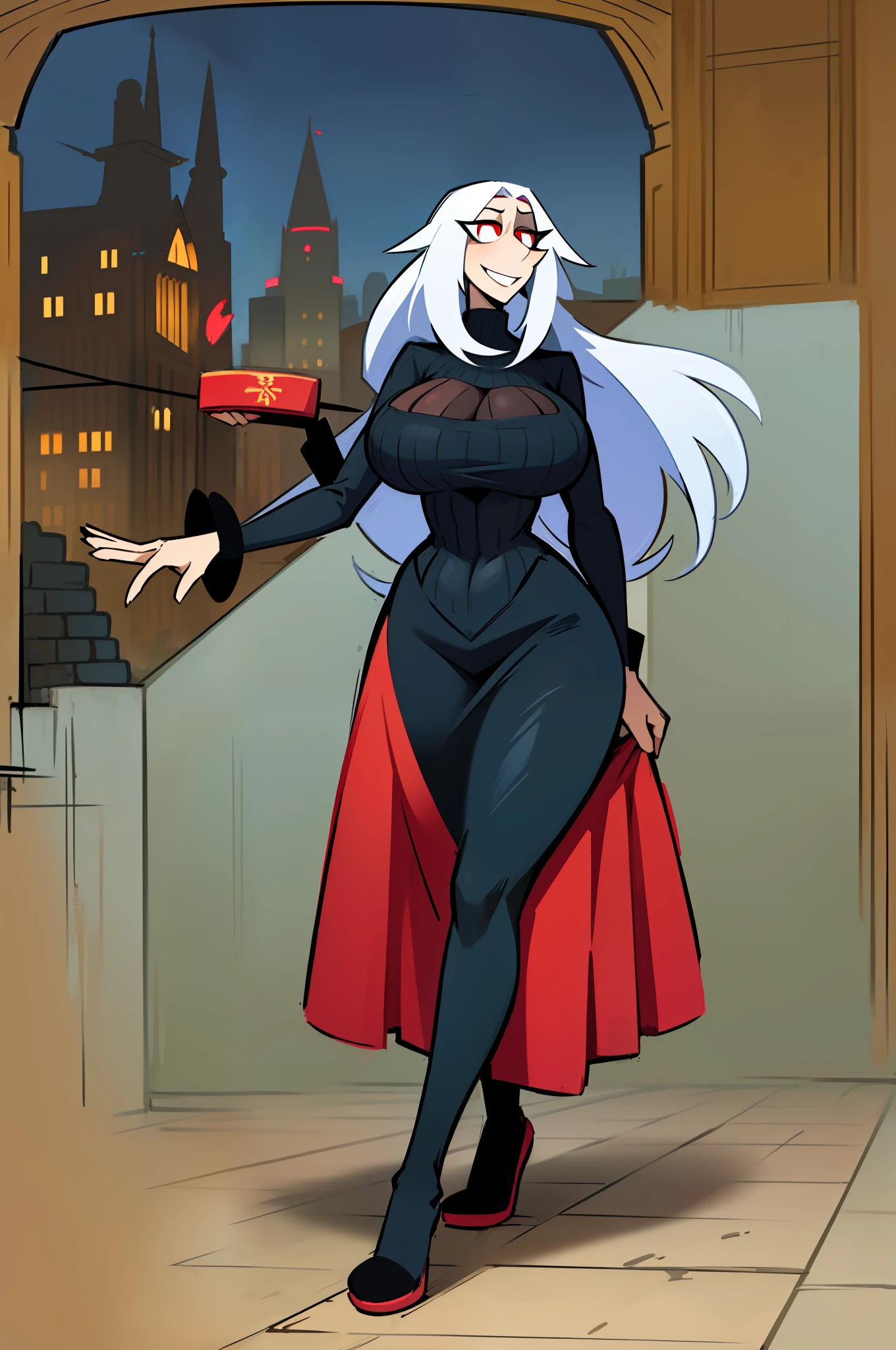 Gothic, , tall woman, curved, f, long hairalone,,, forest city, plants, walking, smile, smile, ,fur clothes, wizard, medieval, village,tights, portrait, long skirt, long dress, flip-flops, , , , , 1gir,1character, walking,long skirt, red eyes, long nose, medium breast, curvy