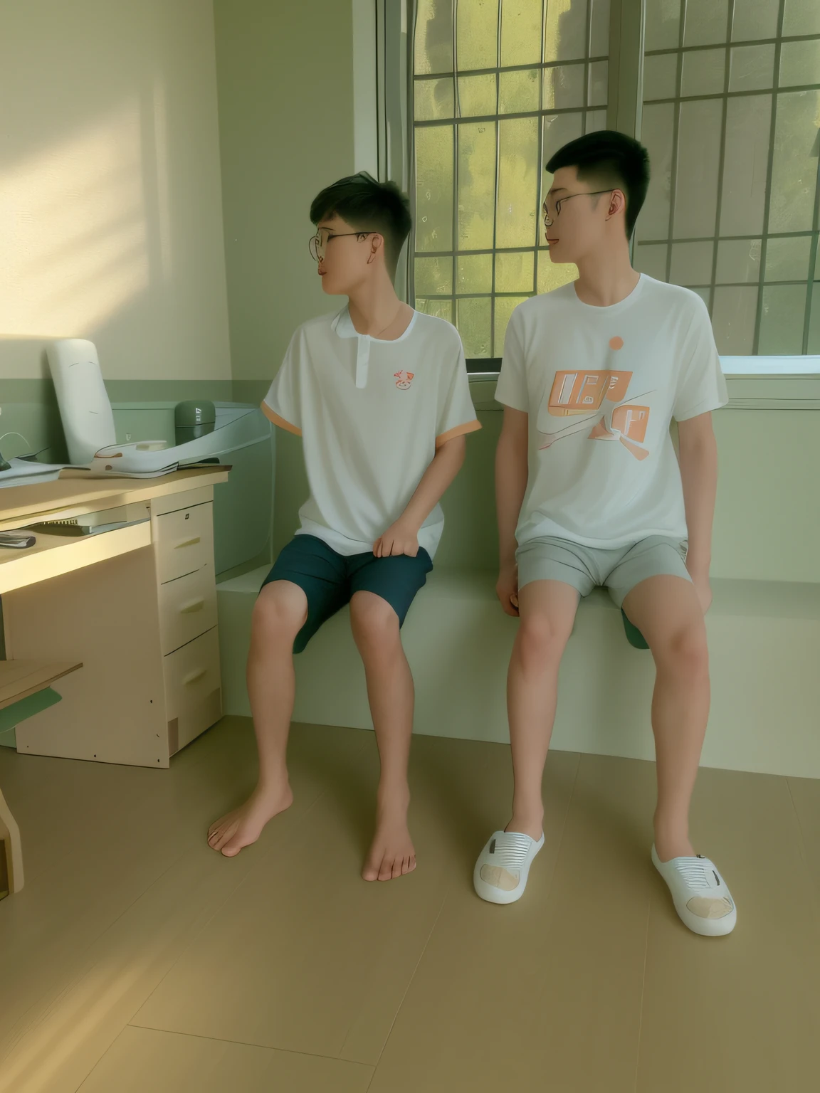 There were two young men sitting on benches in the room, two buddies sitting in a room, ruan jia and brom, Ruan Jia and Fenghua Zhong, taken with canon 8 0 d, taken with sony alpha 9, Two young men, sitting in bedroom, legs replaced with human legs, photograph taken in 2 0 2 0, sit on a bed