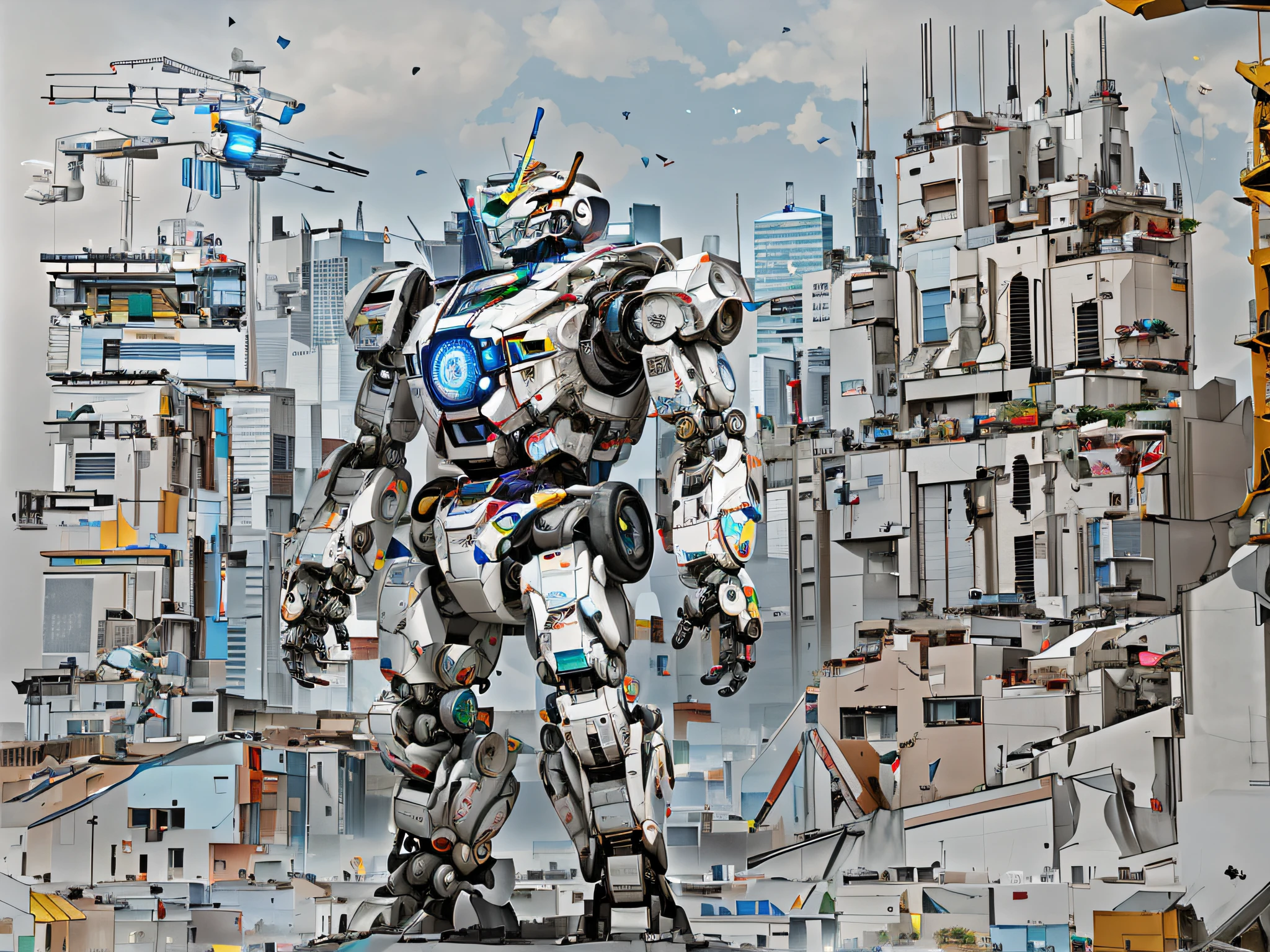 There is a drawing of a robot standing in front of the city, Colorful city，nigh sky，photorealestic