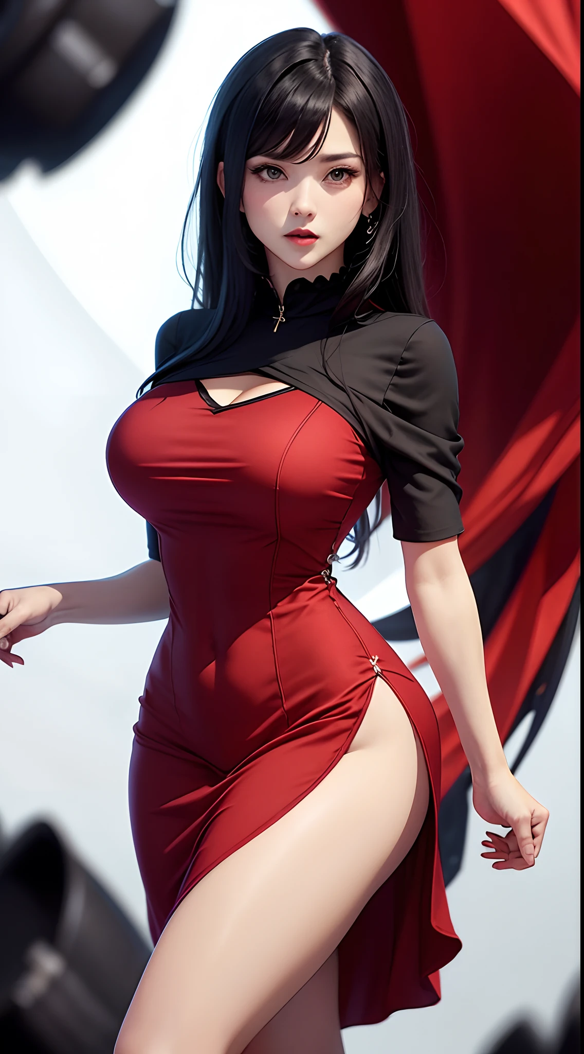 Bigchest,Black clothes,Red dress,Black hair,