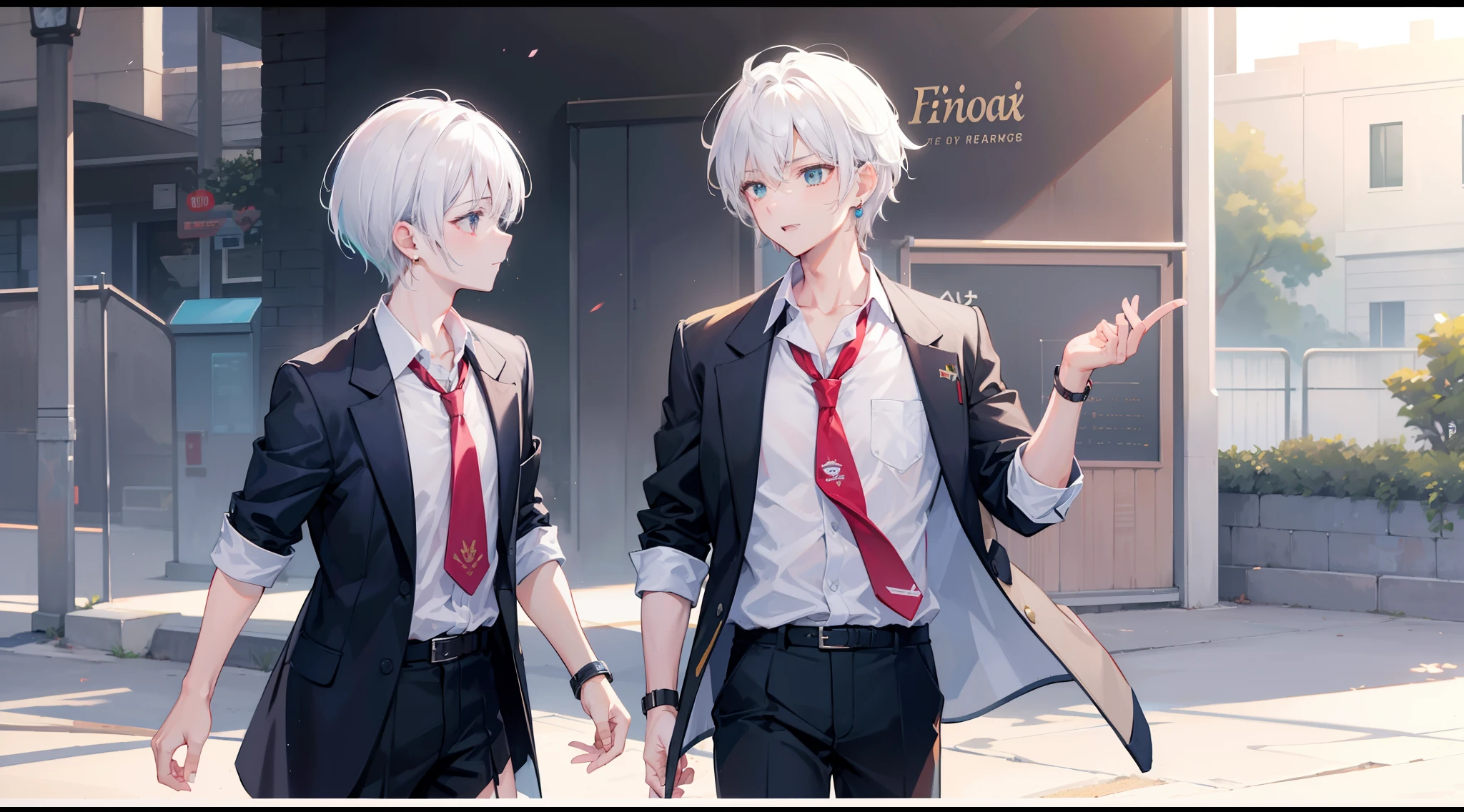 (2boys:1.1), (school uniforms:1.1), high school students, recess, collarbone, open clothes, wristband, short hair, white hair, (looking at another:1.1), earrings, necktie, ;d, anger vein, heavy breathing, siblings, bl, Green, Crush, playground, Abs, The kinky is exposed, Engage in base, Fujifilm, 135mm, f/2.8, lens flare, depth of field, cinematic lighting, backlighting, Fujicolor, ray tracing, 135mm, Fujifilm, SENSE OF CINEMA, UHD, retina, masterpiece, textured skin, anatomically correct, super detail, 8k