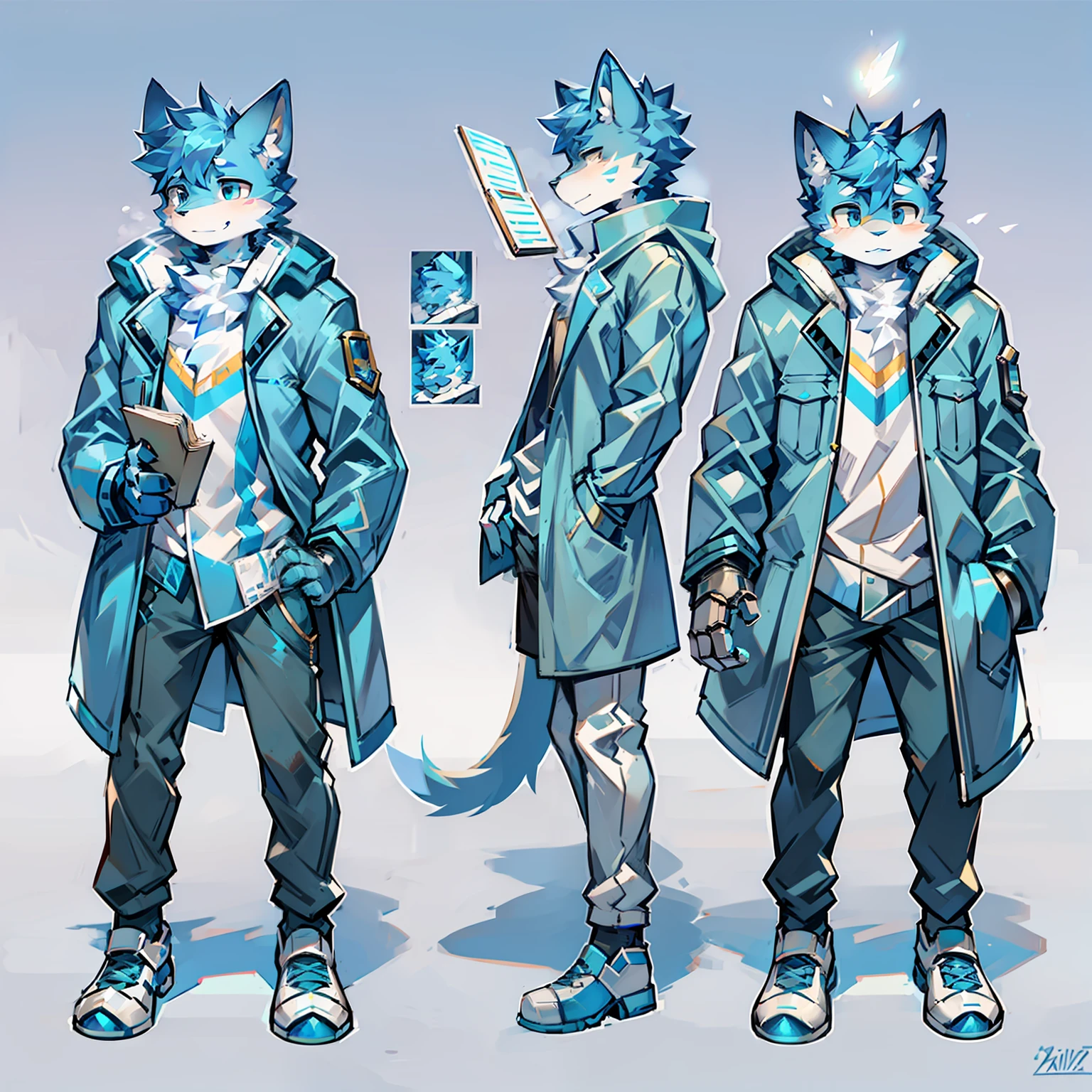 Male juvenile blue cat，Book in hand，Pages in the sky，Blue trench coat，long trousers，Mechanical left arm，Blizzard，code，quantum