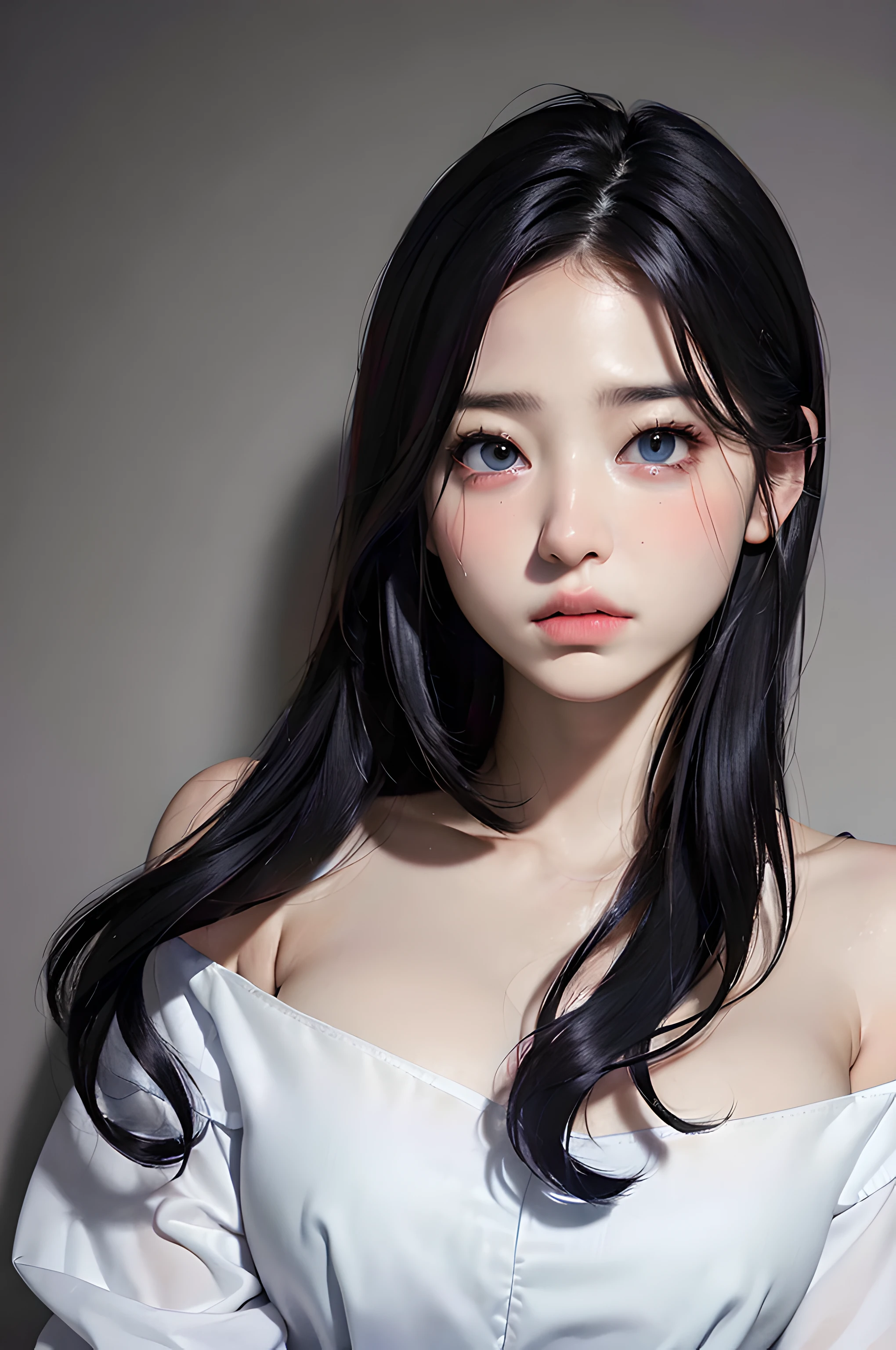masterpiece, best quality, (dark photo:1.3), photorealistic, 1girl, sapphire hair, sapphire eyes, sad tears, flat bangs, stunning innocent symmetry face, shirt, emotional, ulzzang, (PureErosFace_V1:0.7)