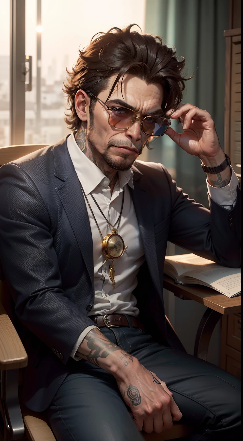 obra-prima, melhor qualidade, fotorrealista, macaco da moda, gorila, glasses on head, engrenagens, gema, eyeglass, ouro, joias, Magical Circle, macho_foco, coruja, Slacks, Sapatos, sun glasses, borla, trono, Cyberpunk, tatuagem iStucky, +18, , solo