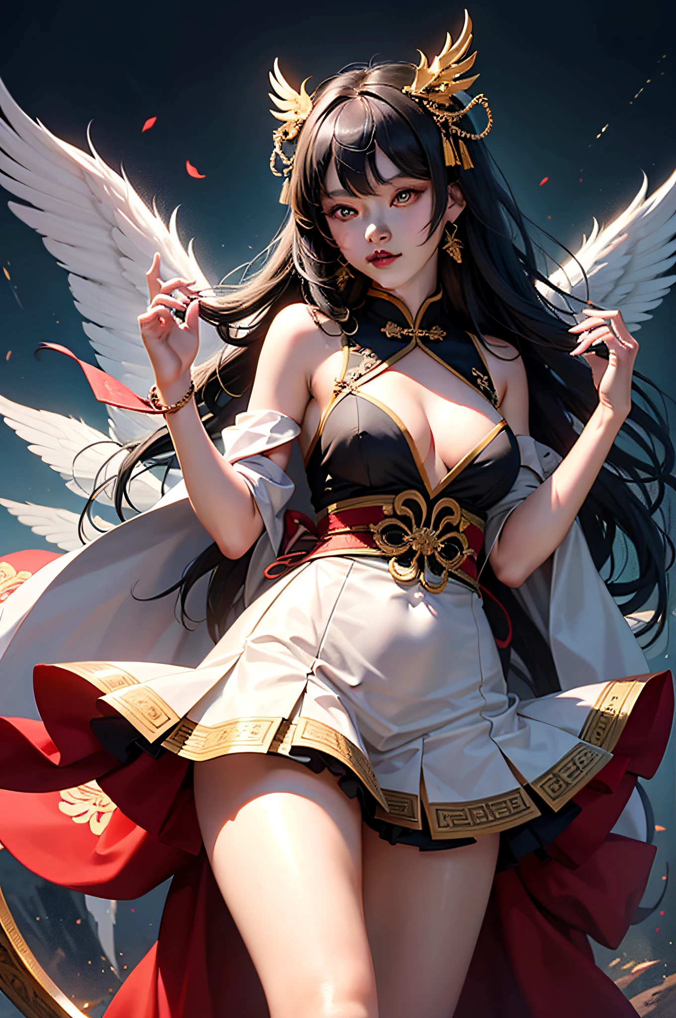 统一 8k 壁纸,ultra - detailed,Beauty and aesthetics,tmasterpiece,best qualtiy,(zentangle,tangle,entangle),(s fractal art:1.4),1girl,Long black hair,chineseidol,cropped shoulders,long skirt,small thighs,nabel,The is very detailed,dynamic angle,cowboyshot,(Chaos in its most beautiful form),flowy,(vivd colour),OC,(A half body:1.2),Chinese big breasts,(ribbons:1.3),(dream magical:1.5),(Hanfu:1.5),chinesedragon,Chinese Phoenix,(ssmile:0.5 ),(chinapunk),