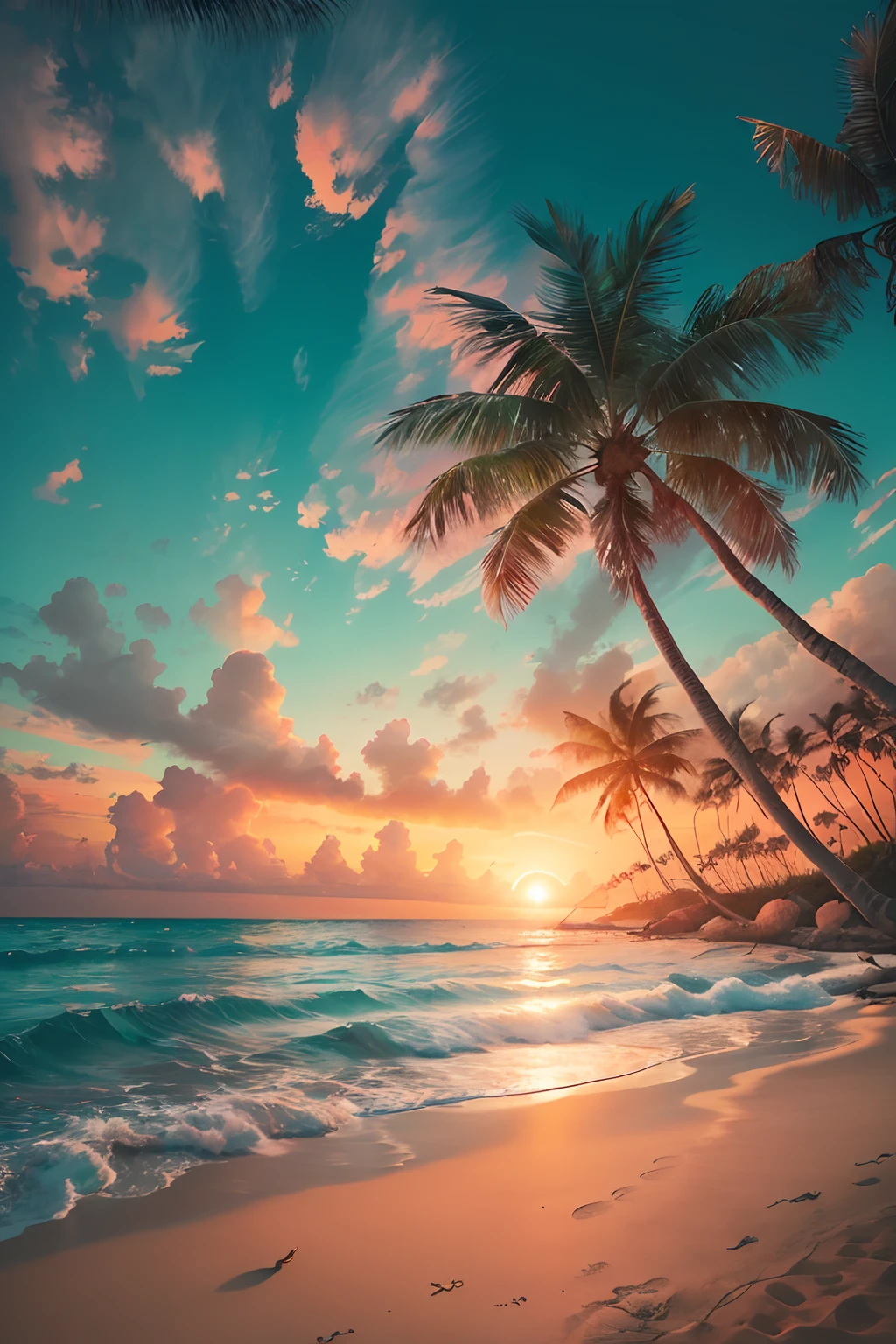 Create a 4K 9:16 image that depicts a stunning sunrise on a tropical beach, with gentle waves and palm trees along the coast. The color palette should be vibrant and convey a sense of renewal and positive energy. --auto --s2