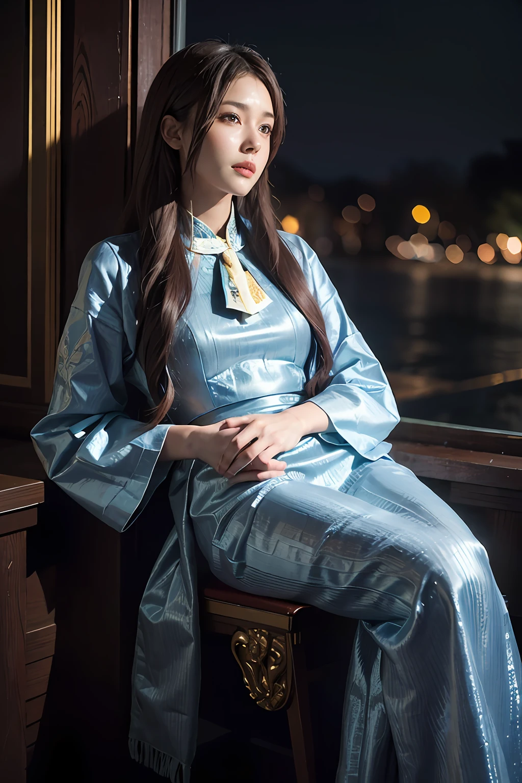 Surrealist portraits of women by David Hockney and Alphonse Mucha,Fantasyart,photographrealistic,动态照明,artstation,poster for,Volumetriclighting,Very detailed faces,4 k,Award-Awarded,,1girl,in the darkness nigth,deep shading,low tune,Tibetan costumes,(formal outfit:1.4),long whitr hair,brunette color hair,curlies