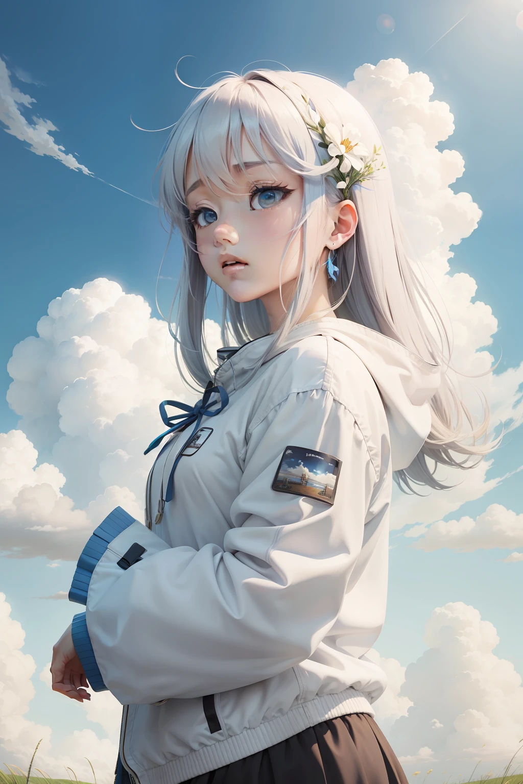 Large white clouds anime style blue sky meadow