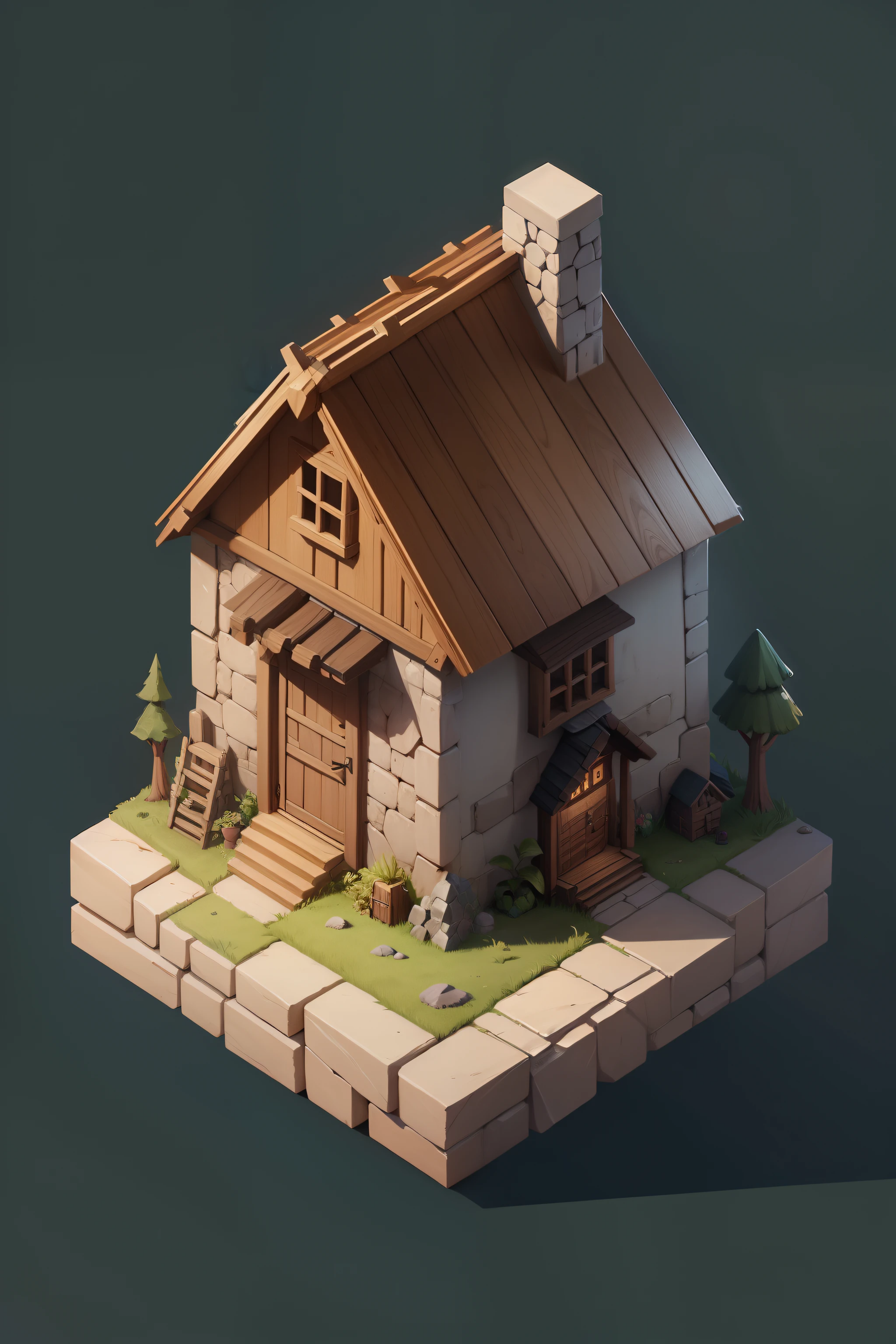 isometric house, RPG style, cartoony, DnD, fantasy, mobile game，primitive man，animal bone，stone，wood
