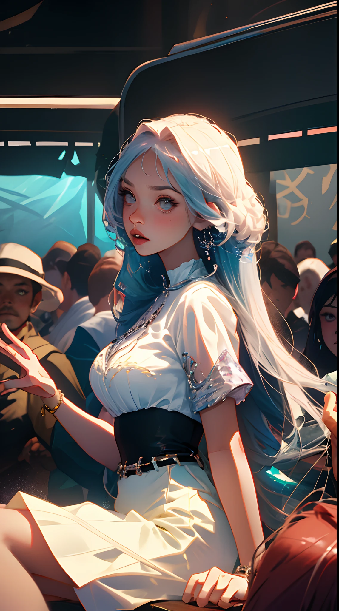 spread , surrounded, multiple others, exhibitionism, audience, background characters, crowd, public humiliation, bishoujo, harem,