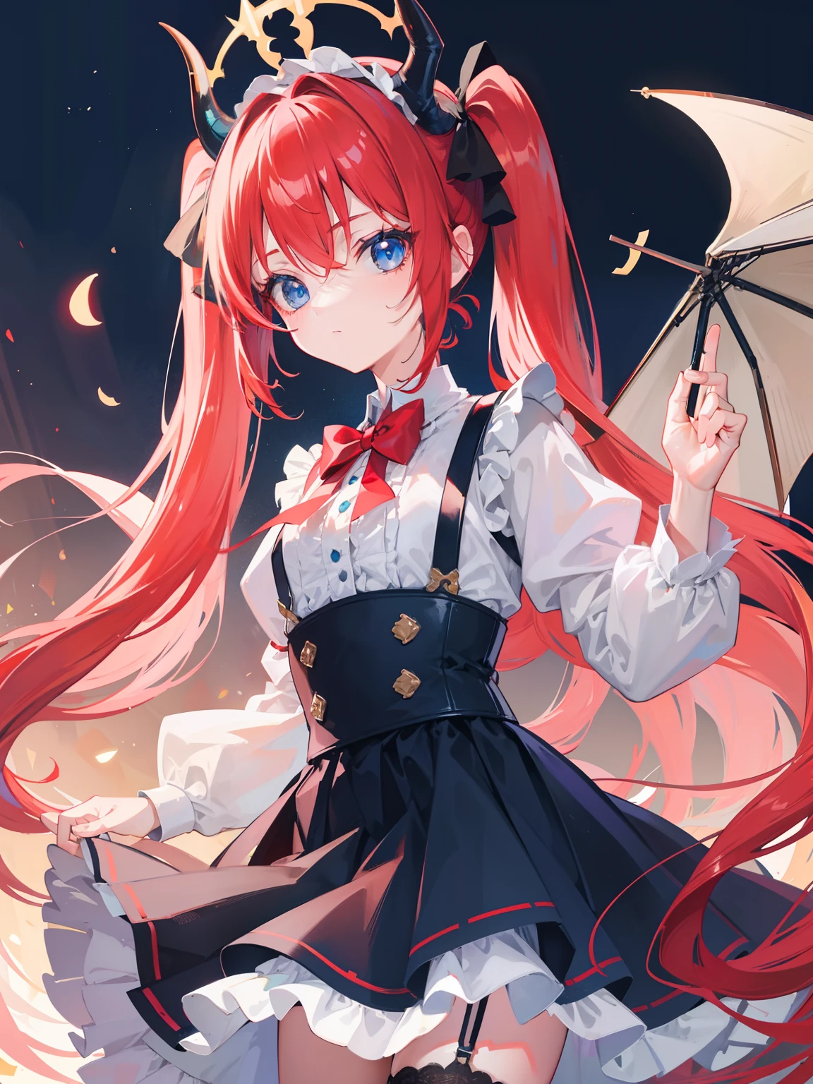 {{best quality}}, {{masterpiece}}, {{ultra-detailed}}, {illustration}, {detailed light}, red hair,blue eyes,twintails,lolita,Suspenders skirt,Fantastic,loli,solo,Dragon horns,little girl,long hair