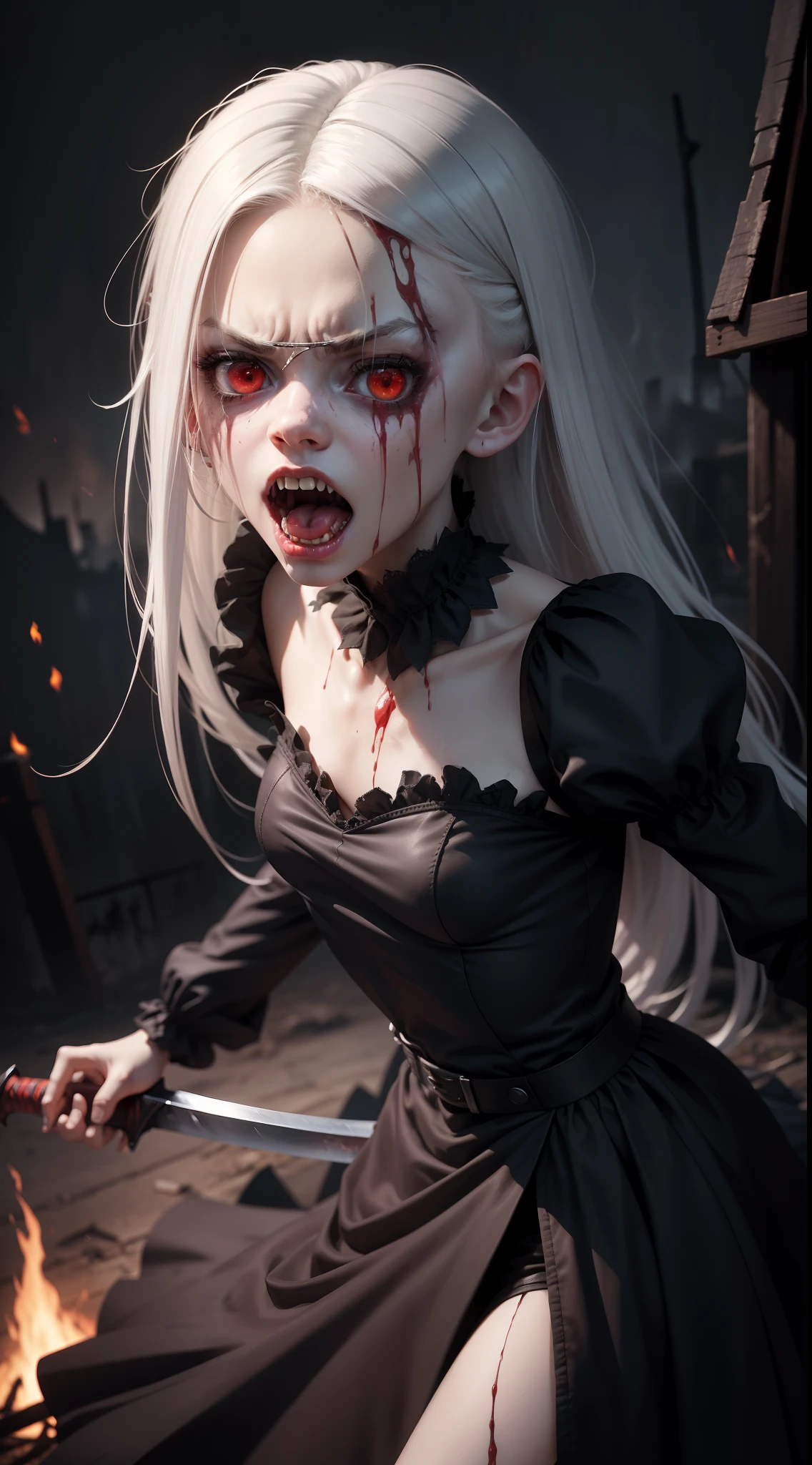 A very pal young girl humanoid character, with red eyes, her name is Cassie, she is crazy, nuts, with cuts and scraps, horror, she is creepy, she is scary, shock value, very evil, ill, she is skinny, evoke, fear, terror, dread, decay, disgust, she is a Psycho, dark, unattractively, unusually thin, thin, scraggly, emaciated, twisted, frightening, sick, dark background, long black_dress, gore, blood, solo, close up, (messy_long_white_hair), fog, evil eyes, she is flat, eyes glowing, dress fully covers her, she's nut, yelling, she's mad, she's furious, she's screaming out loud, showing teeth, mouth open wide, yelling at the camera, fire in the background, rage, sharp teeth, bloody mouth, vampire like, she is holding a (sword)