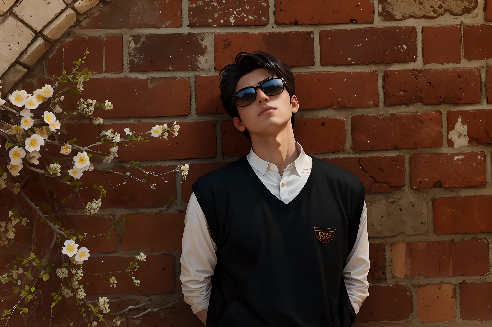 A man in sunglasses leans against a brick wall, Inspired by:, taken with canon eos 5 d, taken with canon 8 0 d, taken with a canon eos 5 d, taken with a canon eos 5d, with a cool pose, taken with canon eos 5 d mark iv, leaning back against the wall,On the left there are white apricot blossoms,