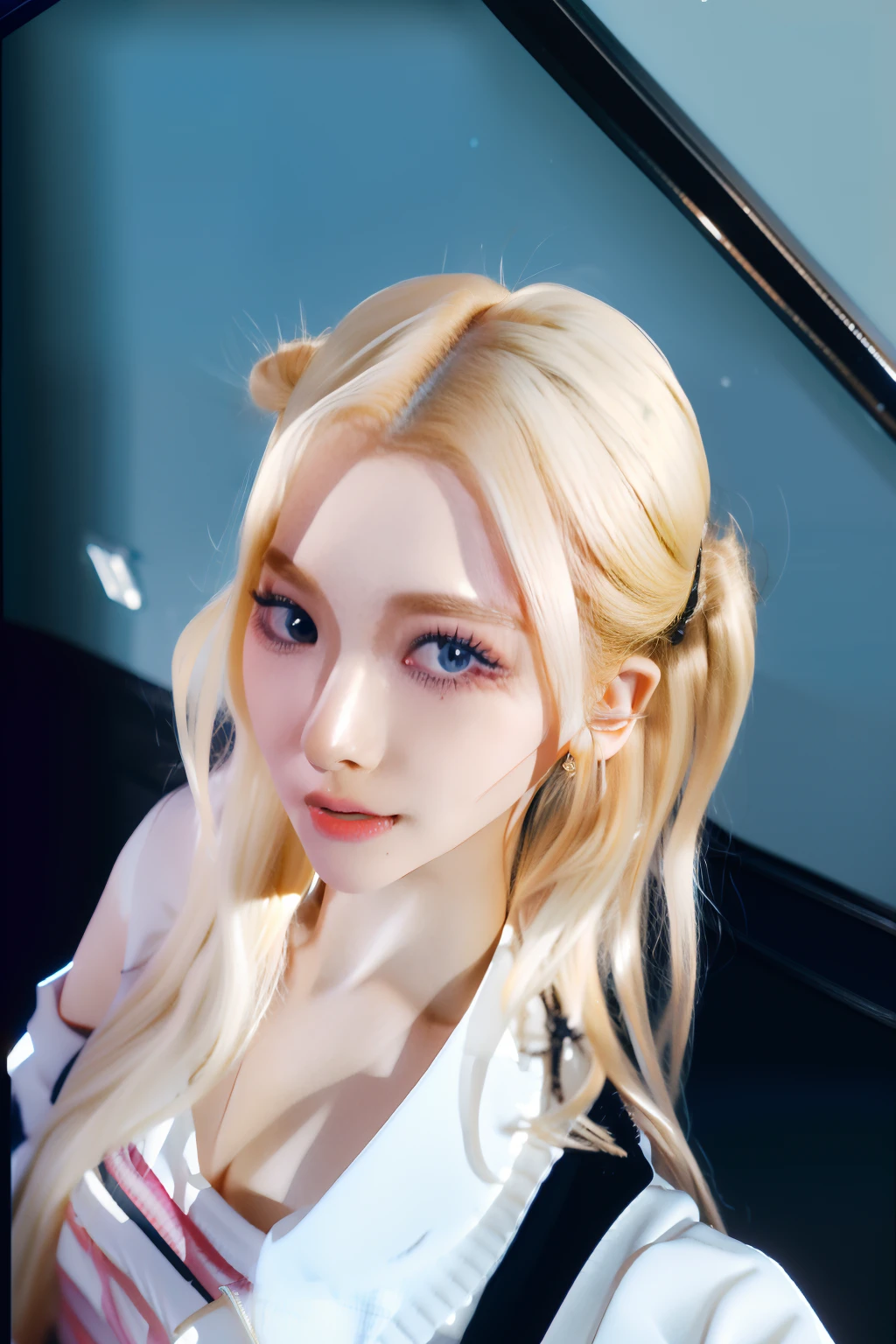 (8k, 4k, best quality, highres, ultra high res:1.1), (masterpiece, realistic, photo-realistic:1.1), 1girl,  face, close-up, twintails, blonde hair, black eyes, red lips,  (looking at viewer:2), absurdly long hair, long eyelashes, eyeshadow,  small face, big eyes,
bare shoulders,
high contrast,