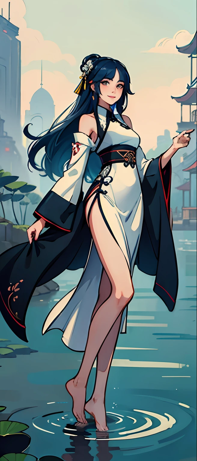 ((4k,masterpiece,best quality)), shuimobysim, traditional chinese ink painting, lotus, hanfu, maxiskit, dress conservatively 1girl, solo, long blue hair, smile, standing, feet in the water, barefoot, --auto