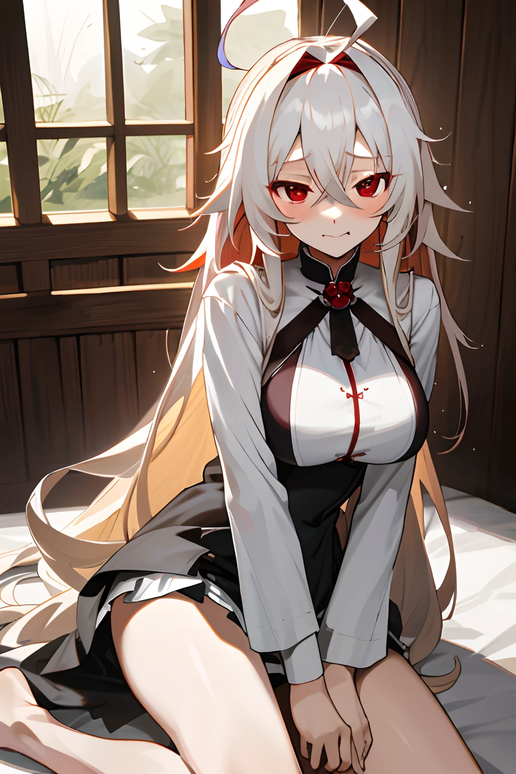 White long-haired girl，anime big breast，wetdress，dark red eye，alluring face，The is very detailed，tmasterpiece，full-color，visible underwear，ahoge，Hand licking，sit on a bed，In the wooden house，Diataslan Jean Puti，Beth