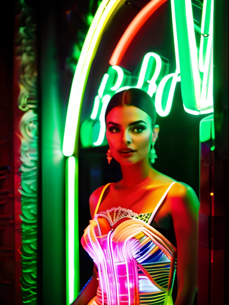 A portrait of an American beauty dressed in an elegant gown, illuminated by the vibrant neon lights of a stylish bar. The woman exudes sophistication and grace, her poise capturing the essence of Parisian charm. Her dress drapes beautifully, adorned with intricate lace and delicate embellishments. The neon lights cast a colorful glow on her face, accentuating her features and adding a contemporary flair to the scene. The bar's atmosphere is buzzing with energy, with the soft murmur of conversations and clinking glasses in the background. The composition of this photo is carefully crafted, capturing the woman's allure and the ambiance of the bar in perfect harmony. Photographed by Paolo Roversi, using a Leica SL2 with a 50mm lens, the lighting combines the neon lights of the bar with subtle fill light, creating a captivating and glamorous image.