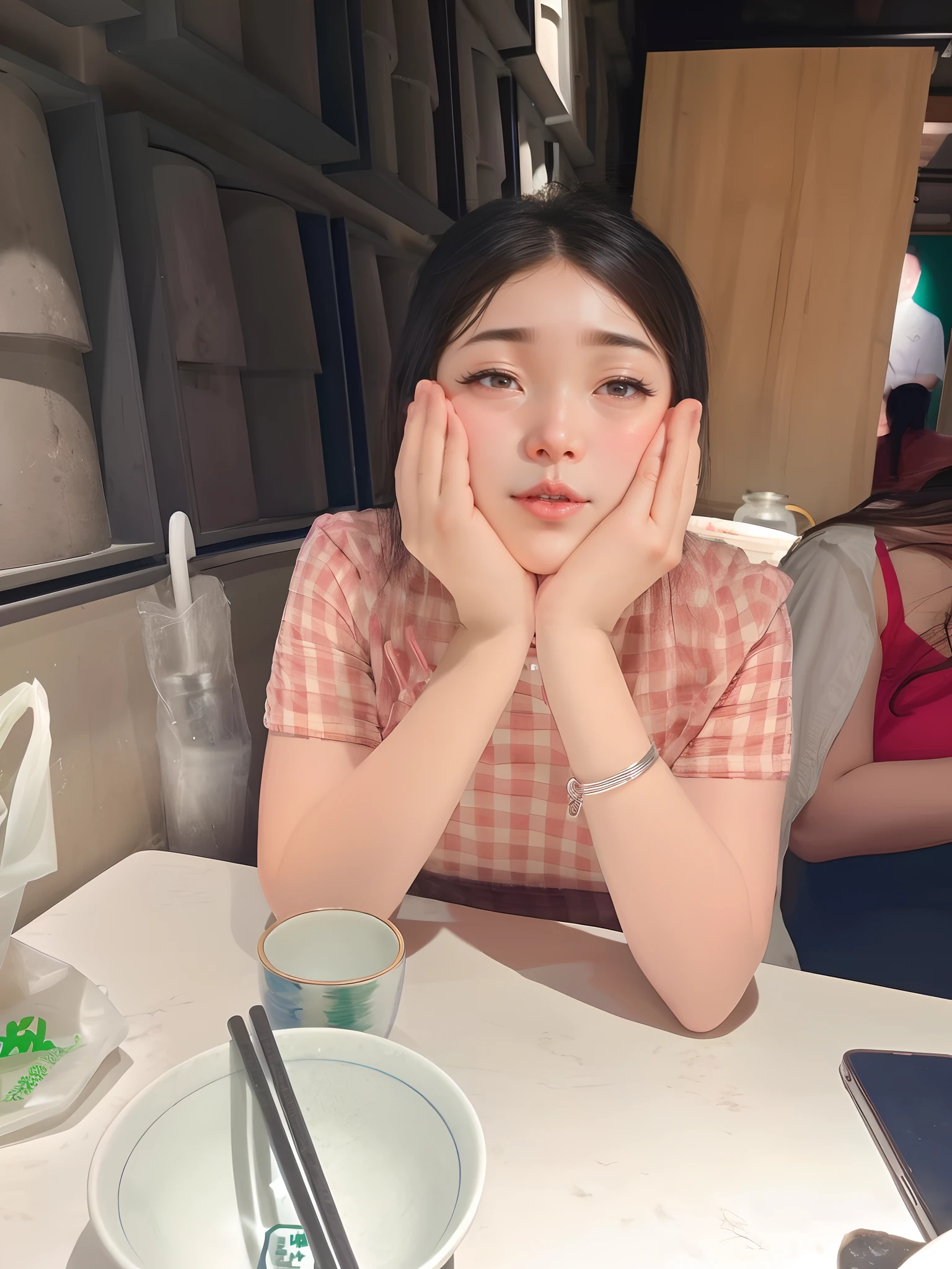 There was a woman sitting at the table,Chopsticks in hand, jaeyeon nam, wan adorable korean face, she has a cute expressive face, She has a cute face, with round face, with cute - fine - face, Shin Jinying, young lovely Korean faces, 19-year-old girl, xintong chen, young cute wan asian face