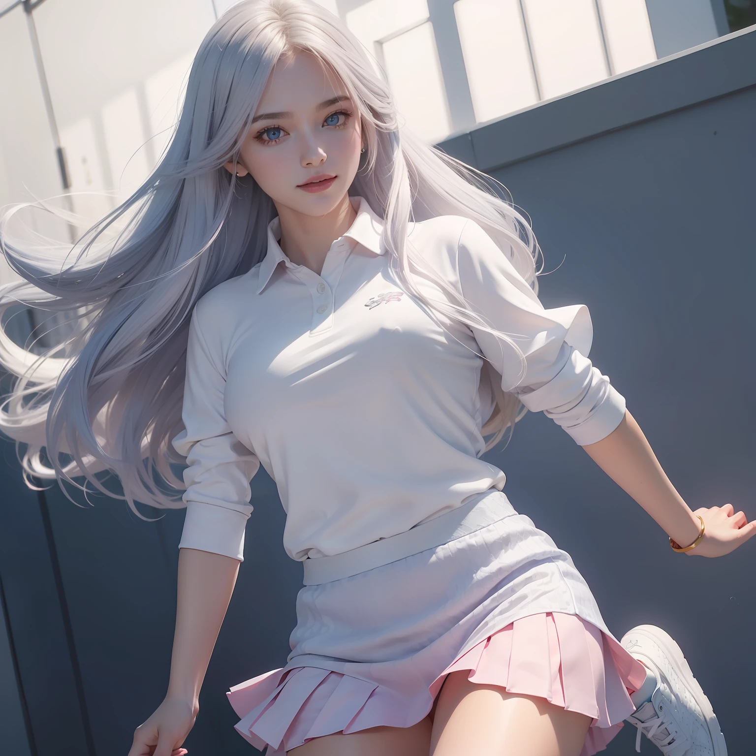 tmasterpiece、best qualtiy、hyper-detailing、Realistic painting、Beautiful women、Individual performances、Tennis outfits、Pink polo shirt、White sneakers、white mini-skirt、Long hair shawl、Silvery hair、blue color eyes、Seductive smile、Dynamic lighting effects、High-definition image quality、sharp fokus、Depth of field effect、Plump breasts。