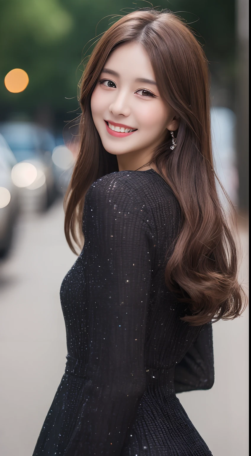 ((Best quality, 8k, Masterpiece :1.3)), 1girl, smiling, full body, slim face, Pretty woman, (Dark brown hair), full length dress :1.1, Ultra-detailed face, Detailed eyes, Double eyelid, blur background, slim face, city, outside, street,