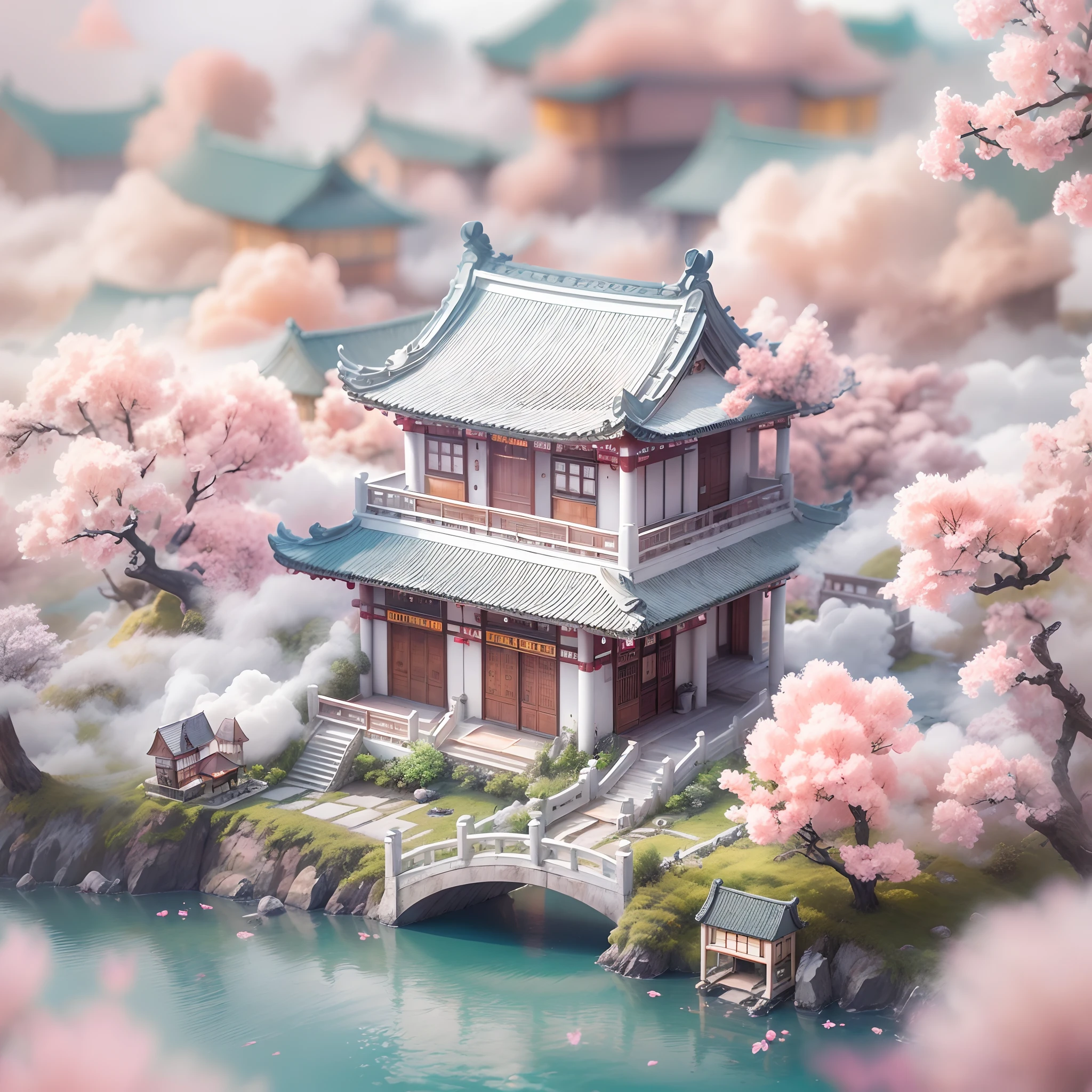 Tilt-Shift,  (White Cloud Sea:1.5), (White clouds:1.5), (peach blossom:1.2), (A small house on White clouds), Soft Lighting，Oriental elements, dreamy, Pastel colors, bright colors, Chinese traditional color matching, ( reasonable design, Clear lines, High sharpness,best quality, Very detailed, masterpiece, official art, movie lighting effects, 4K ),