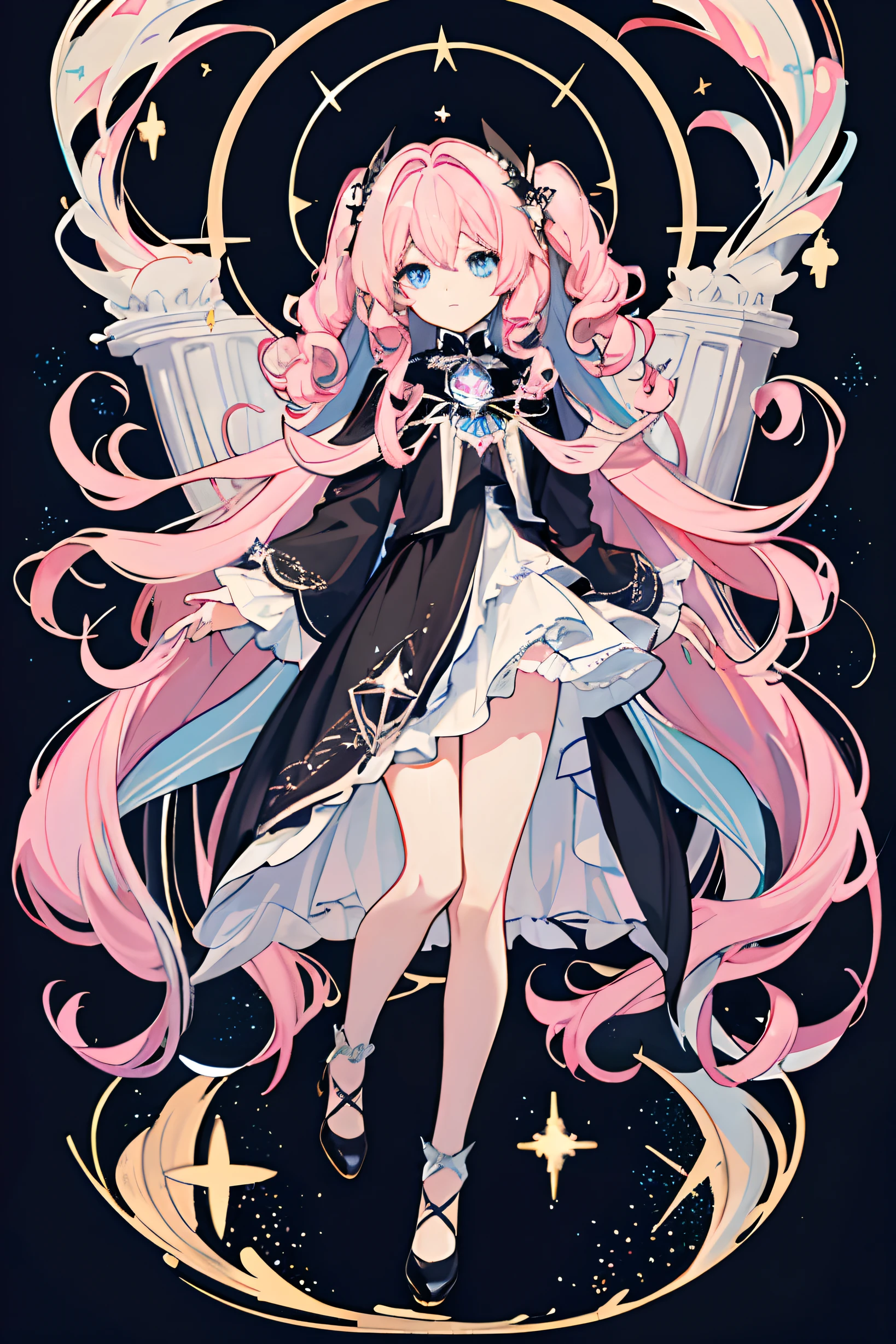 Masterpiece, rich in details, delicate, cute, light pink hair, light blue eyes, curly hair, stars, pentagram, glitter, full body like black silk student outfit