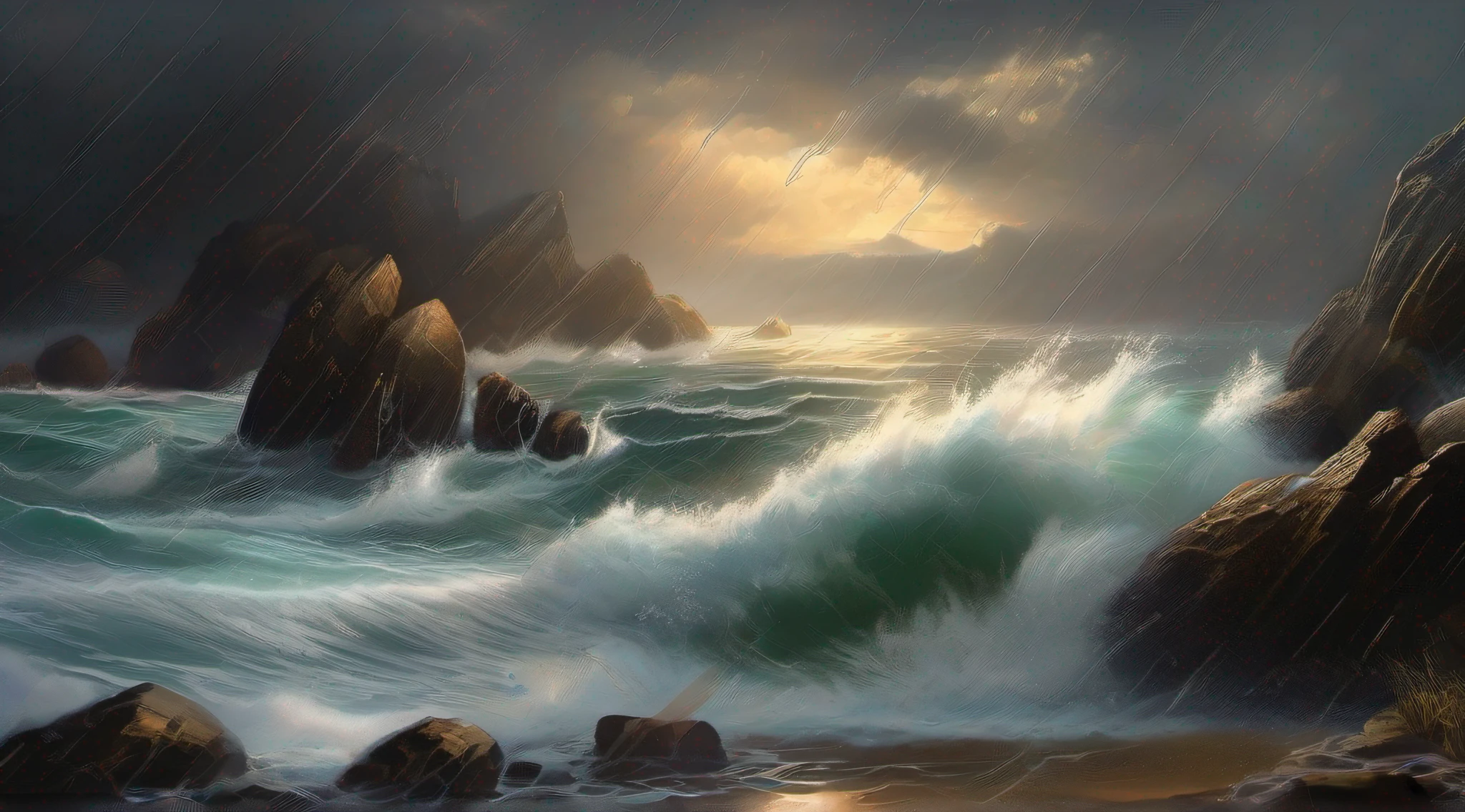 The waves crashing against the rocks facing the sea break and scatter like wings.、The area is dark with rain clouds, and the sky looks like clouds are wavy.、Suddenly, I thought I saw lightning, and the hail started hitting the rocks.、Masterpiece、realisitic