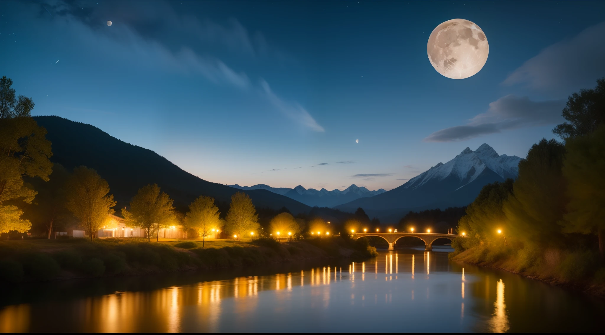 (Masterpiece), (ultra realistic), (detailed: 1.4), mountain view, landscape, night photo, professional photo, full of stars, big moon, full moon, green plants, trees, river, flowers