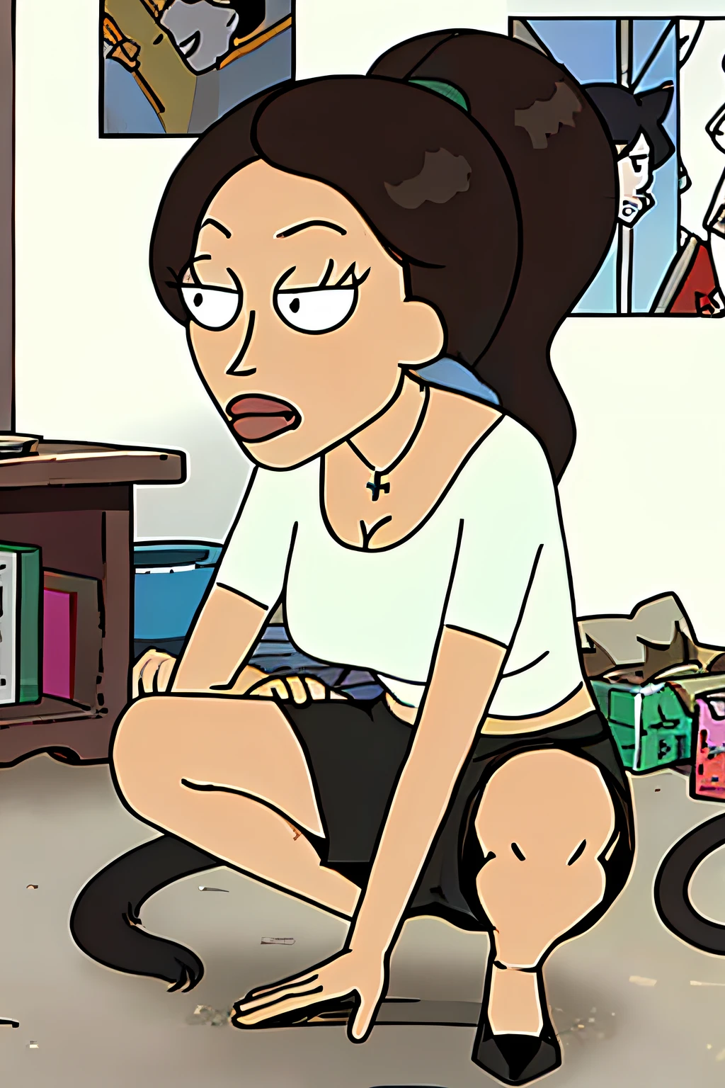 Black hair, ponytail, squatting, sideways face, a cat in the lower left corner Touching the cat