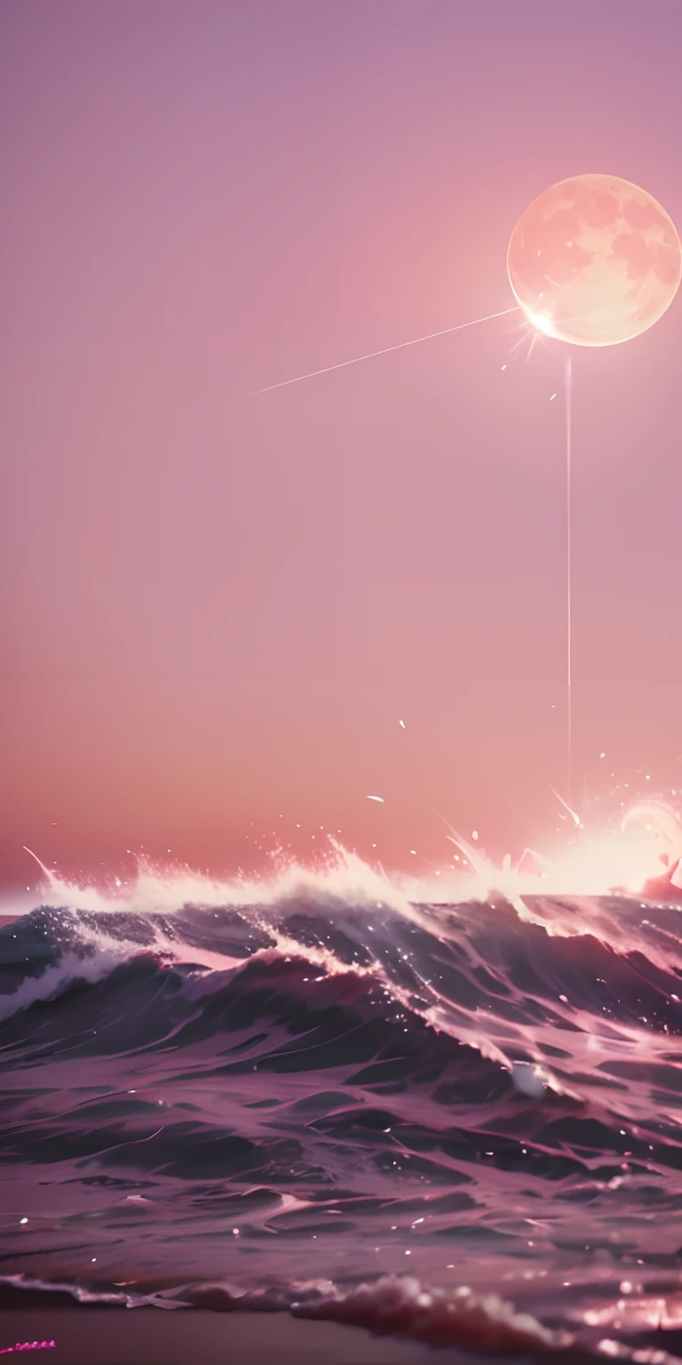 Pink moon, pink sky, pastel pink clouds, pink waves sparkling, sparkling, pink roses on pink ocean, fantasy, soft lighting, ultra hd, realism, cinematic effects, lens flare, aperture 16