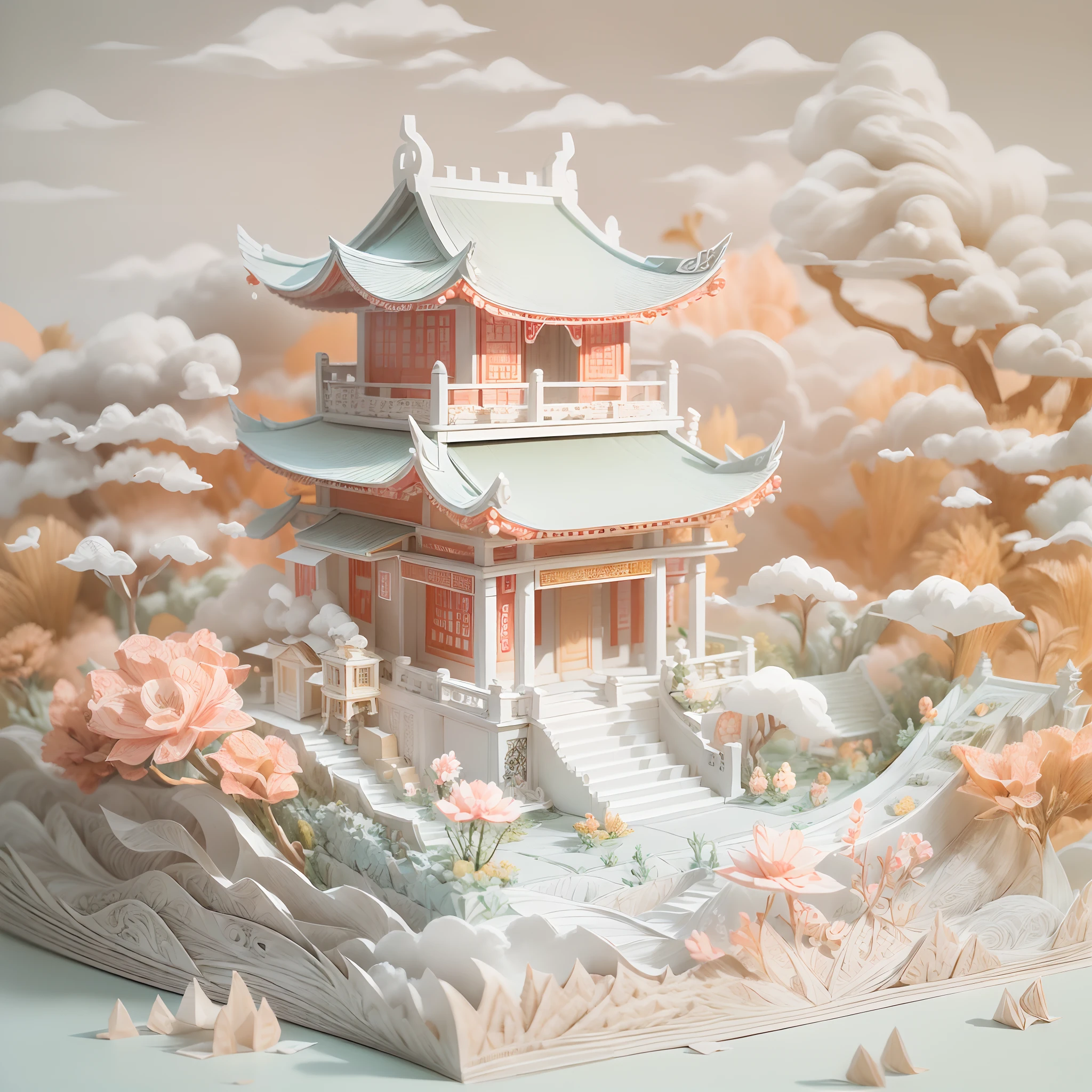 (Paper carving:1.5),Tilt-Shift,  (White Cloud Sea:1.5), (White clouds:1.5), (peach blossom:1.2), (A small house on White clouds), Soft Lighting，Oriental elements, dreamy, Pastel colors, bright colors, Chinese traditional color matching, ( reasonable design, Clear lines, High sharpness,best quality, Very detailed, masterpiece, official art, movie lighting effects, 4K ),